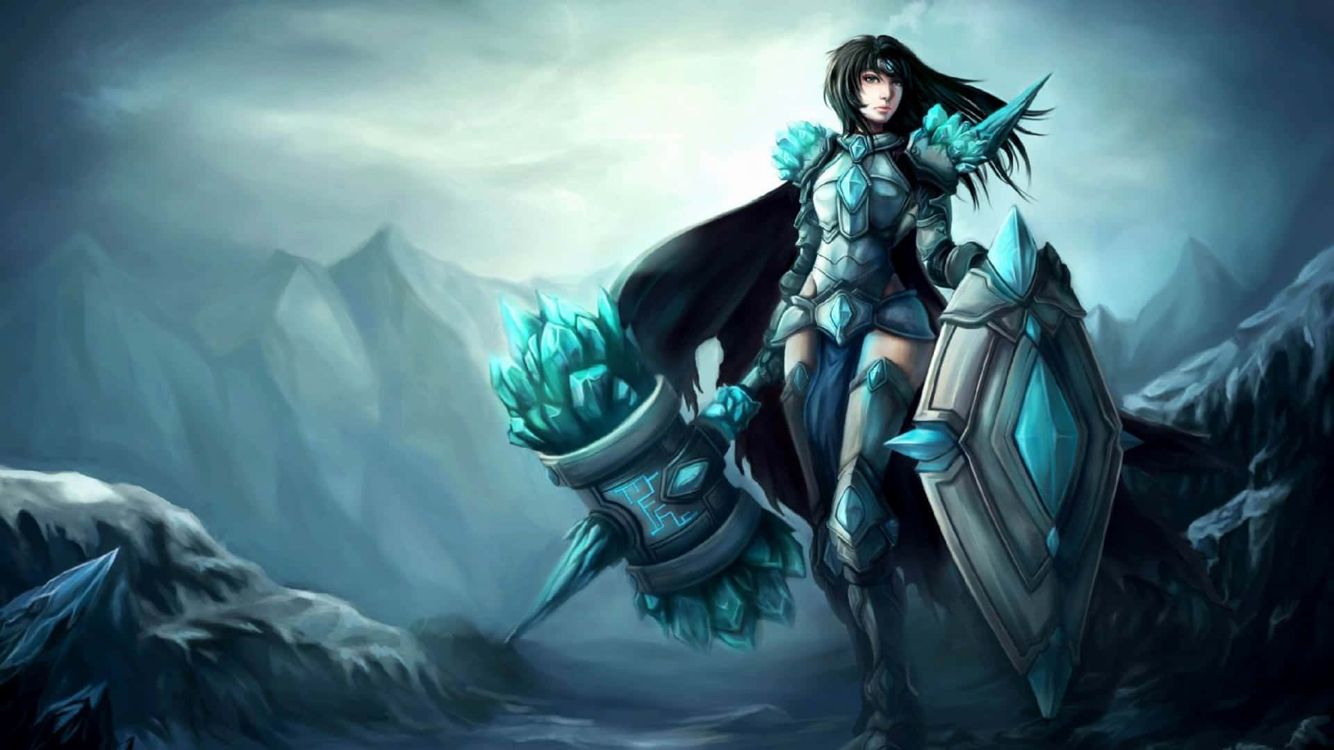 《League of Legends》遊戲高畫質畫面 壁紙 — 一位身穿冰霜鎧甲的女戰士，手持發光水晶狼牙棒和盾牌，傲然站在白雪覆蓋的山頂上。