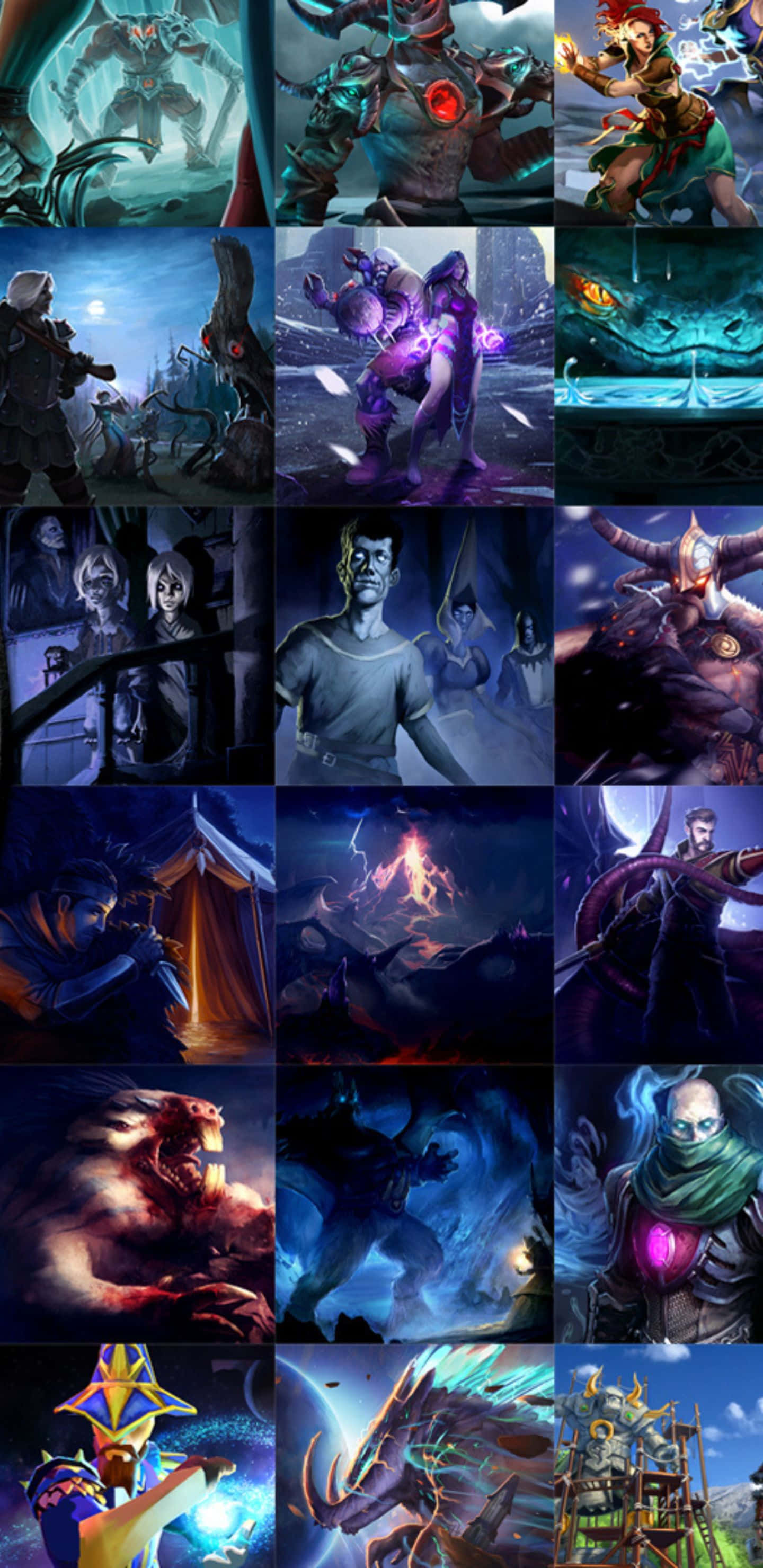 League of Legends 壁紙 — 一幅由奇幻角色和生物組成的拼貼畫，場景陰暗、氣氛濃郁，帶有發光效果和戲劇性燈光。