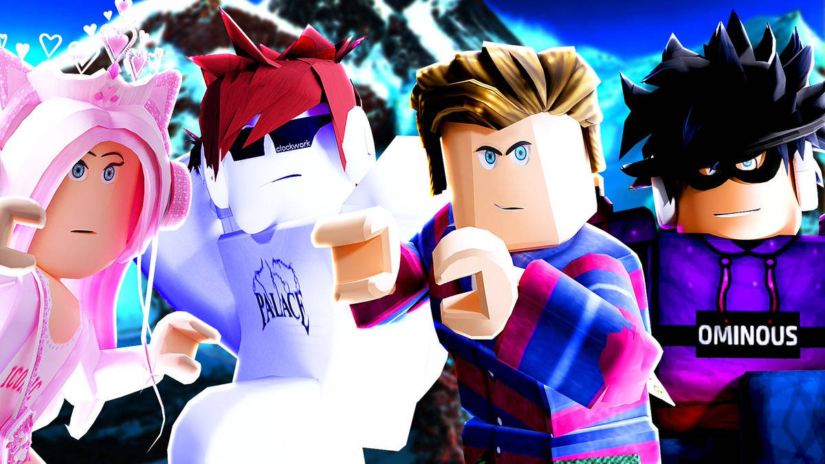 四個穿著色彩繽紛服裝的 Roblox 頭像，在發光的山景中戲劇性地擺姿勢。