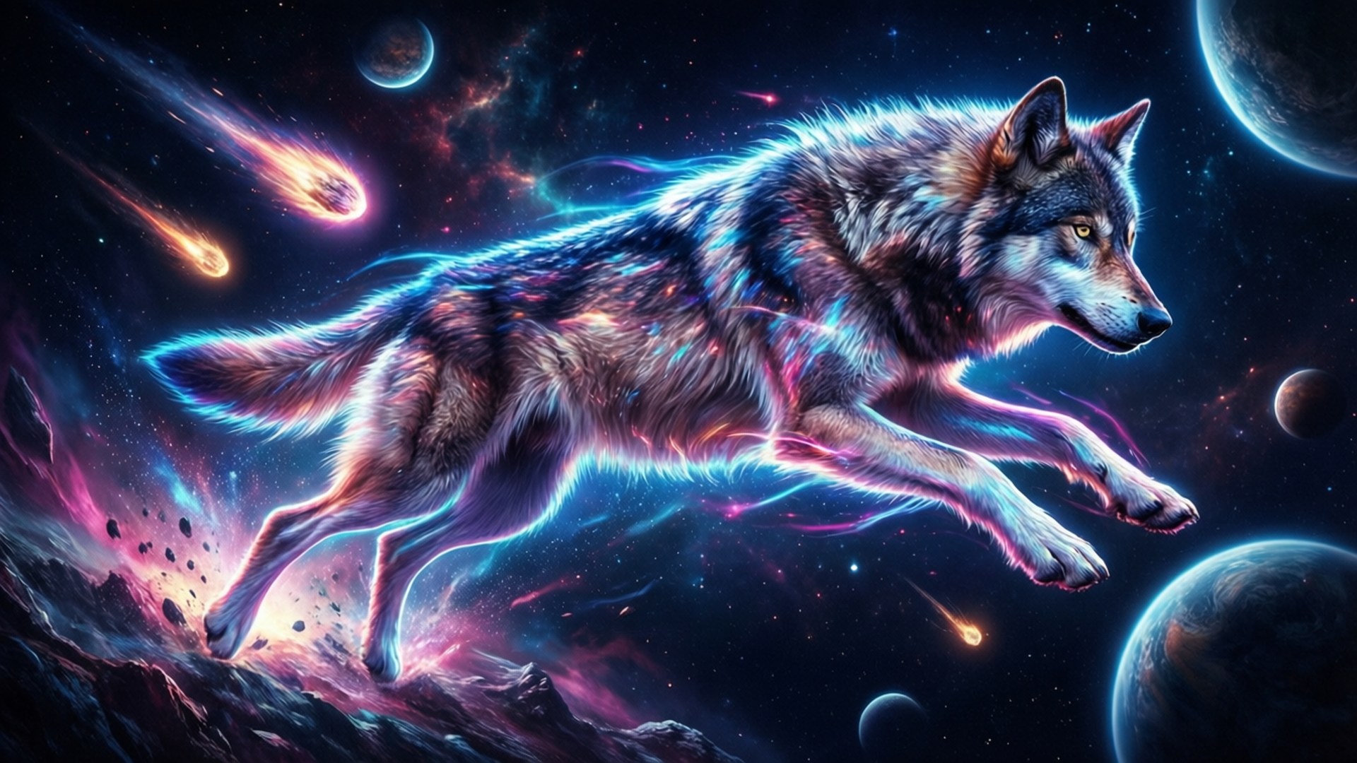 一頭發光的狼跳過一個充滿行星和流星的生動宇宙景觀。