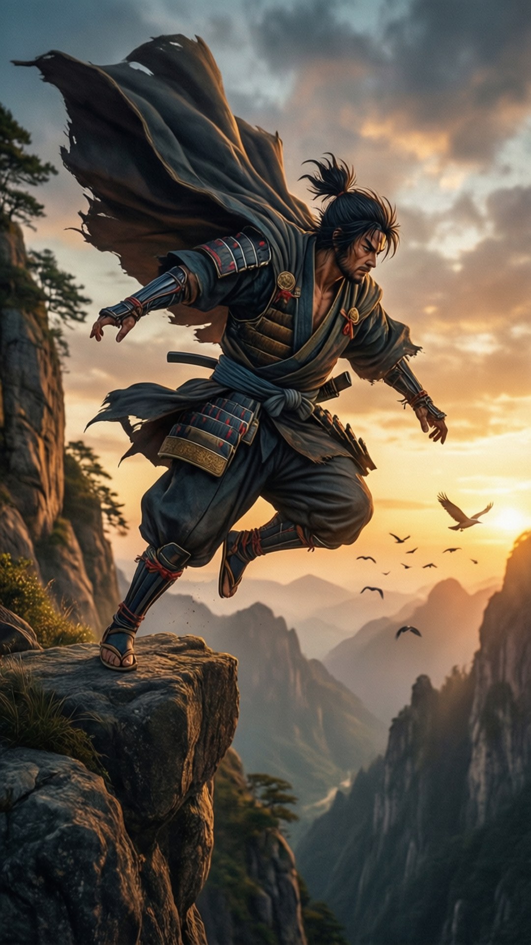 武士戰士在日落時從懸崖邊躍下，鳥兒飛過