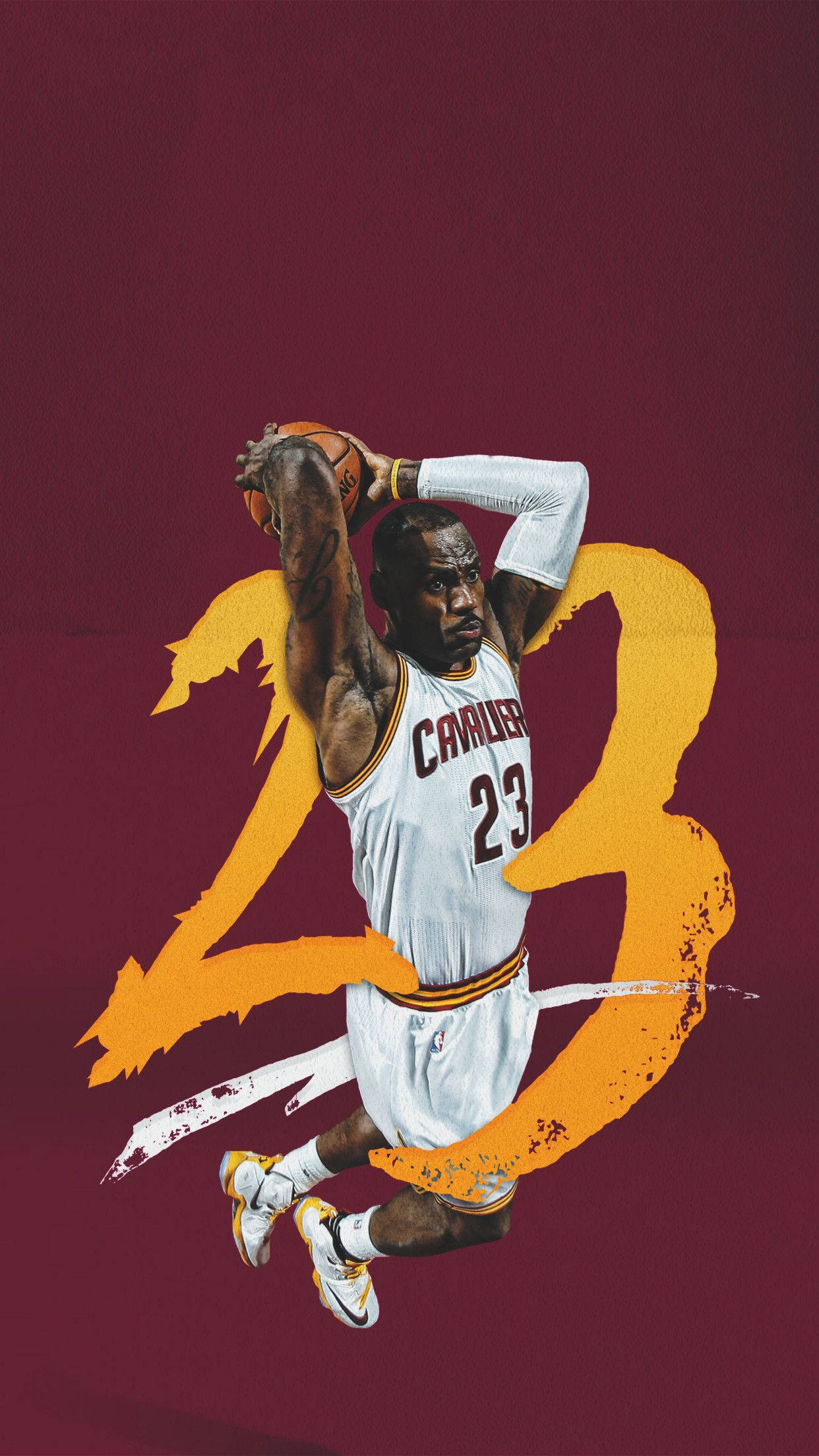 NBA iPhone 勒布朗·詹姆斯 克里夫蘭騎士隊 23號 壁紙 — 勒邦占士身穿白色騎士隊球衣，在酒紅色背景上以鮮黃色23號圖案動態跳躍。