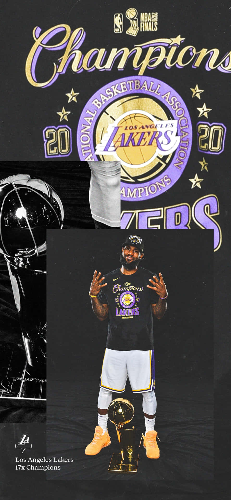  壁紙 — 勒邦占士身穿湖人冠軍裝備，在黑色背景前與NBA獎盃旁慶祝，並有'Champions'字樣。