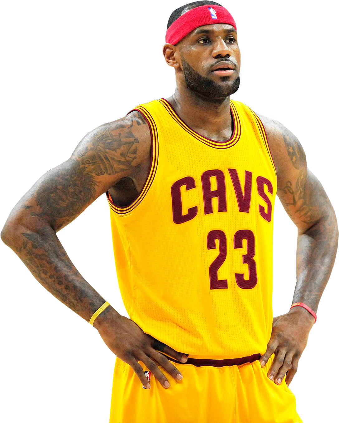 LeBron騎士隊球衣 壁紙 — 勒邦占士身穿黃色騎士隊23號球衣，自信地站在黑色背景前，展示手臂上的紋身。