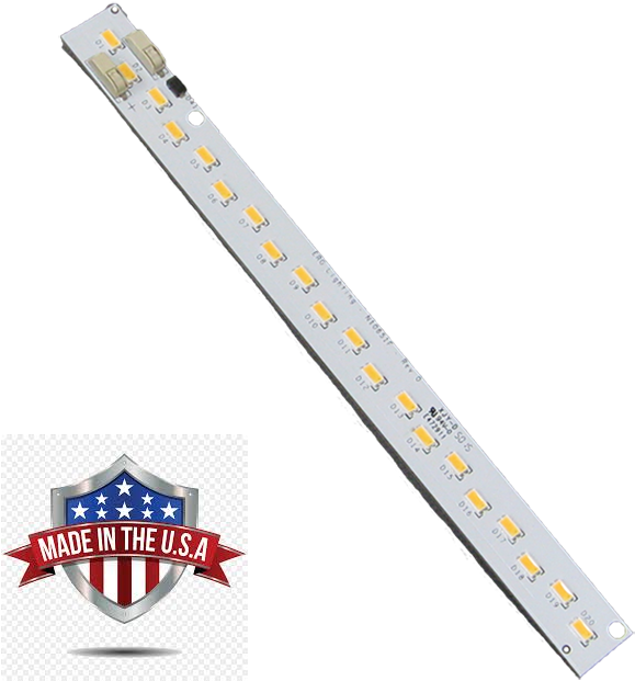 美國製造LED燈條 壁紙 — 對角線LED燈條，帶有黃色燈光和「Made in the U.S.A.」盾牌標誌，背景透明。