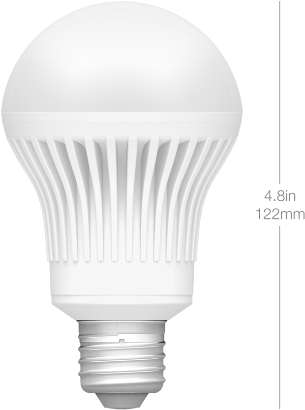 LED燈泡尺寸圖示 壁紙 — 一個帶有棱紋散熱片和E26燈頭的白光LED燈泡，在黑色背景上顯示尺寸標籤。