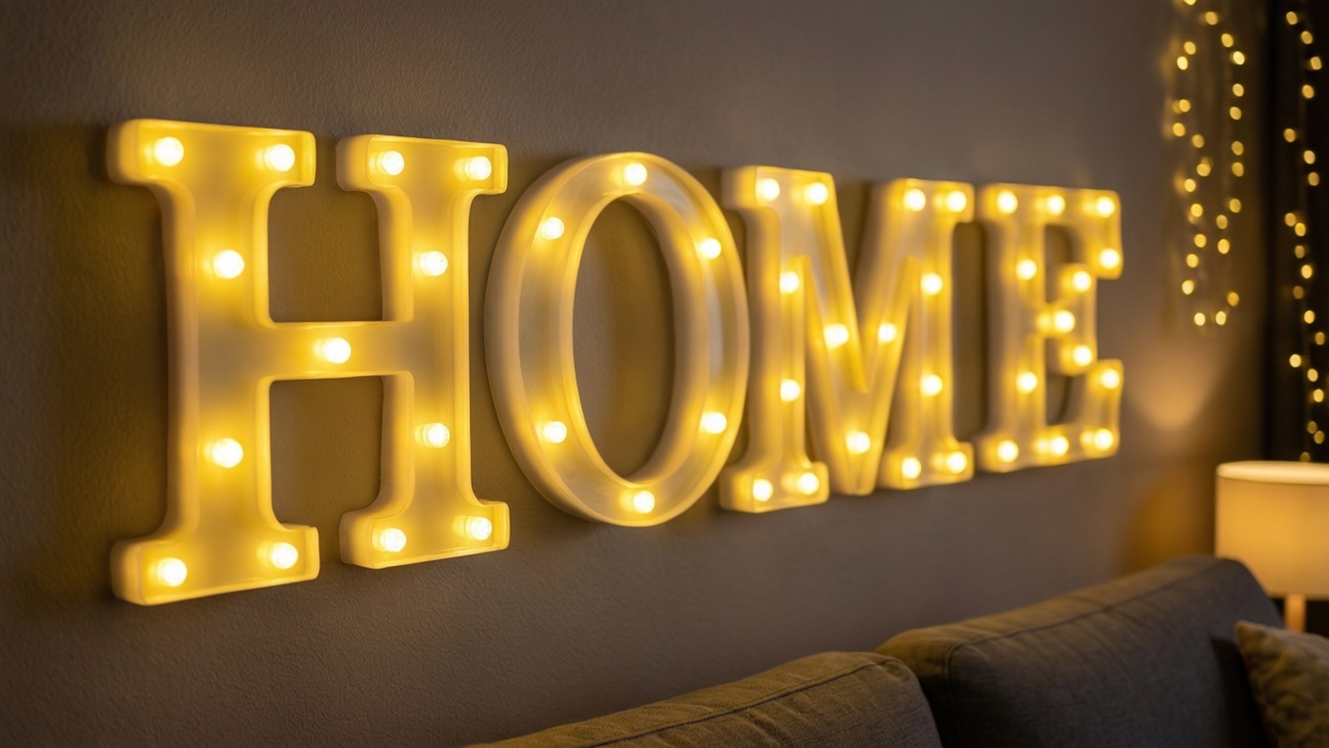 LED字體藝術「HOME」 壁紙 — 溫暖發光的帳篷字母拼出 home，裝飾在深色牆壁上，背景是帶有串燈的舒適沙發。