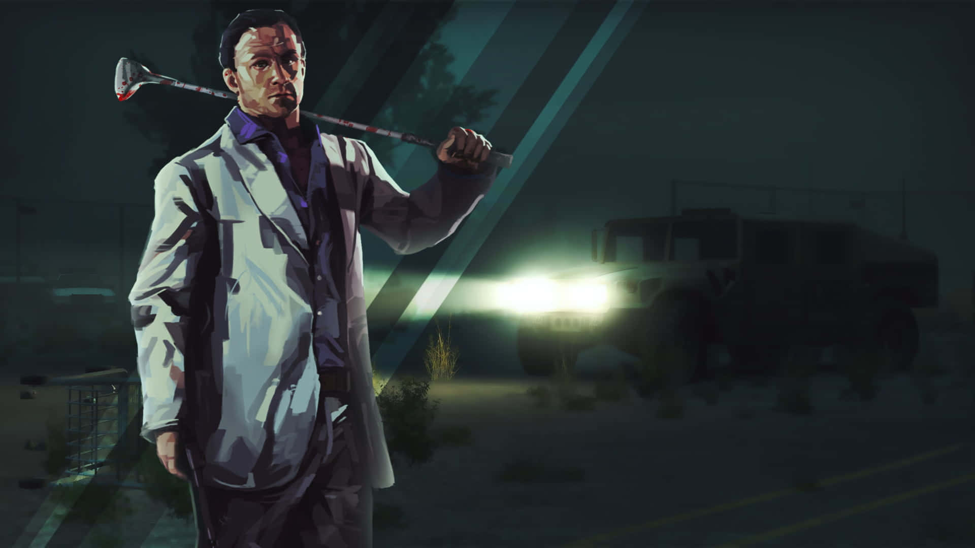 《Left 4 Dead》經典角色準備迎戰 壁紙 — 一個緊張的男人穿著白色外套，在霓虹燈下拿著高爾夫球桿，而一輛軍用車輛在黑暗中靠近。