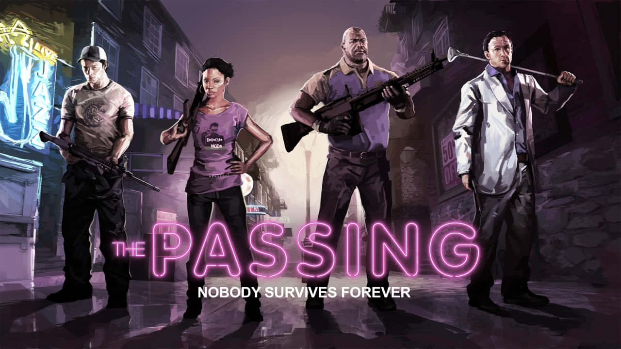 Left 4 Dead 2：The Passing 藝術作品 壁紙 — 四個武裝角色站在霓虹燈照亮嘅城市小巷，紫色光芒下，標題係The Passing。