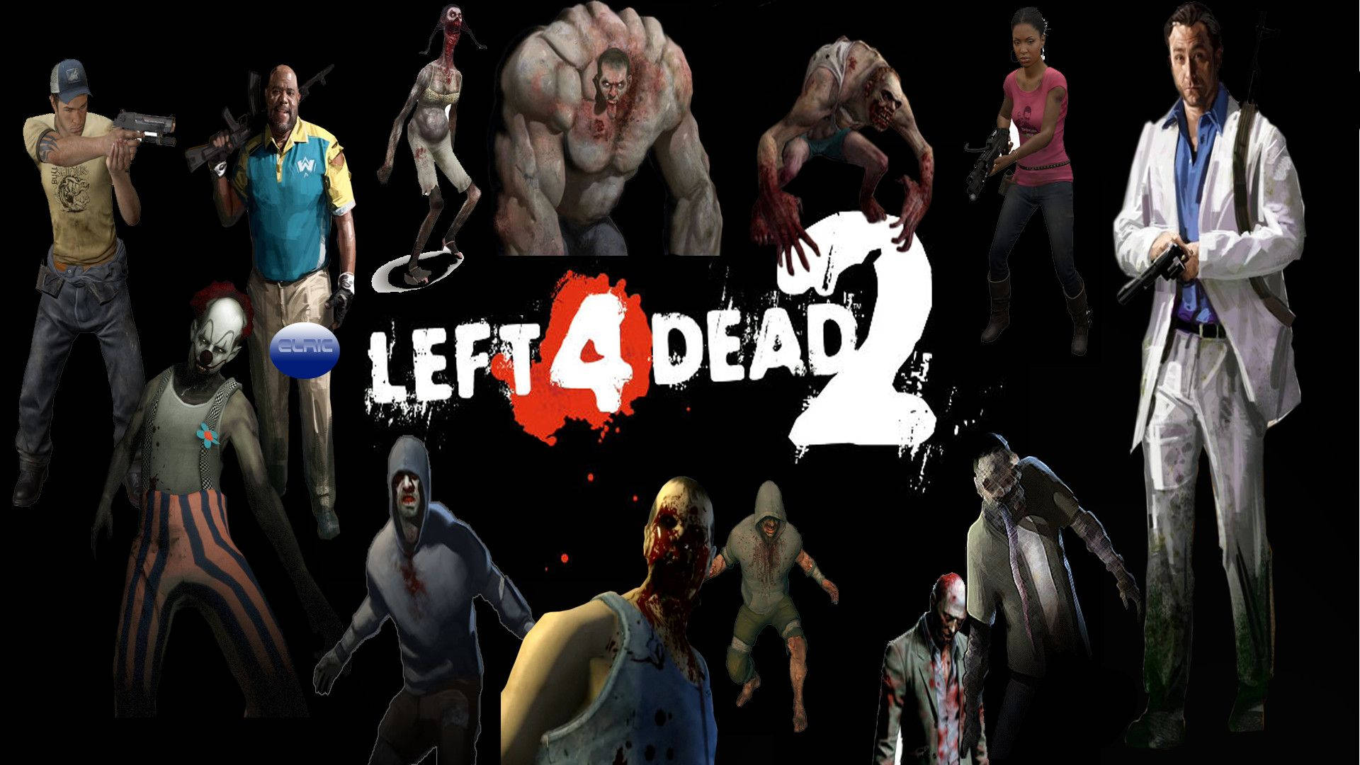 Left 4 Dead 2 感染體與倖存者 壁紙 — Left 4 Dead 2 的角色和喪屍站在黑色背景的遊戲標誌周圍。