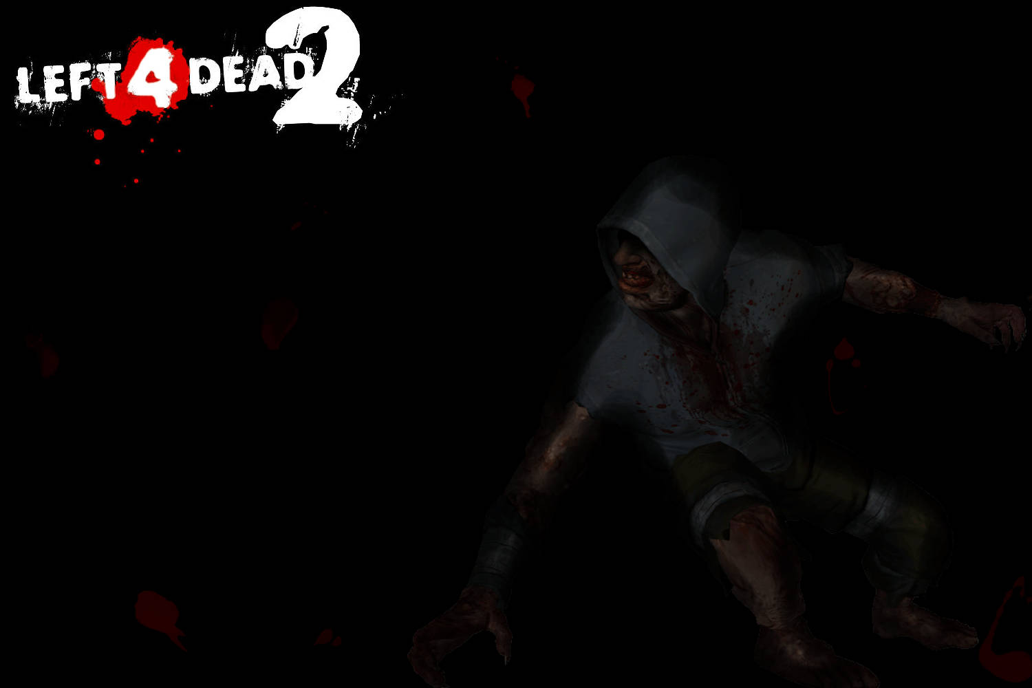 穿著連帽衫的殭屍向前猛撲，帶有血跡飛濺和 Left 4 Dead 2 標誌。