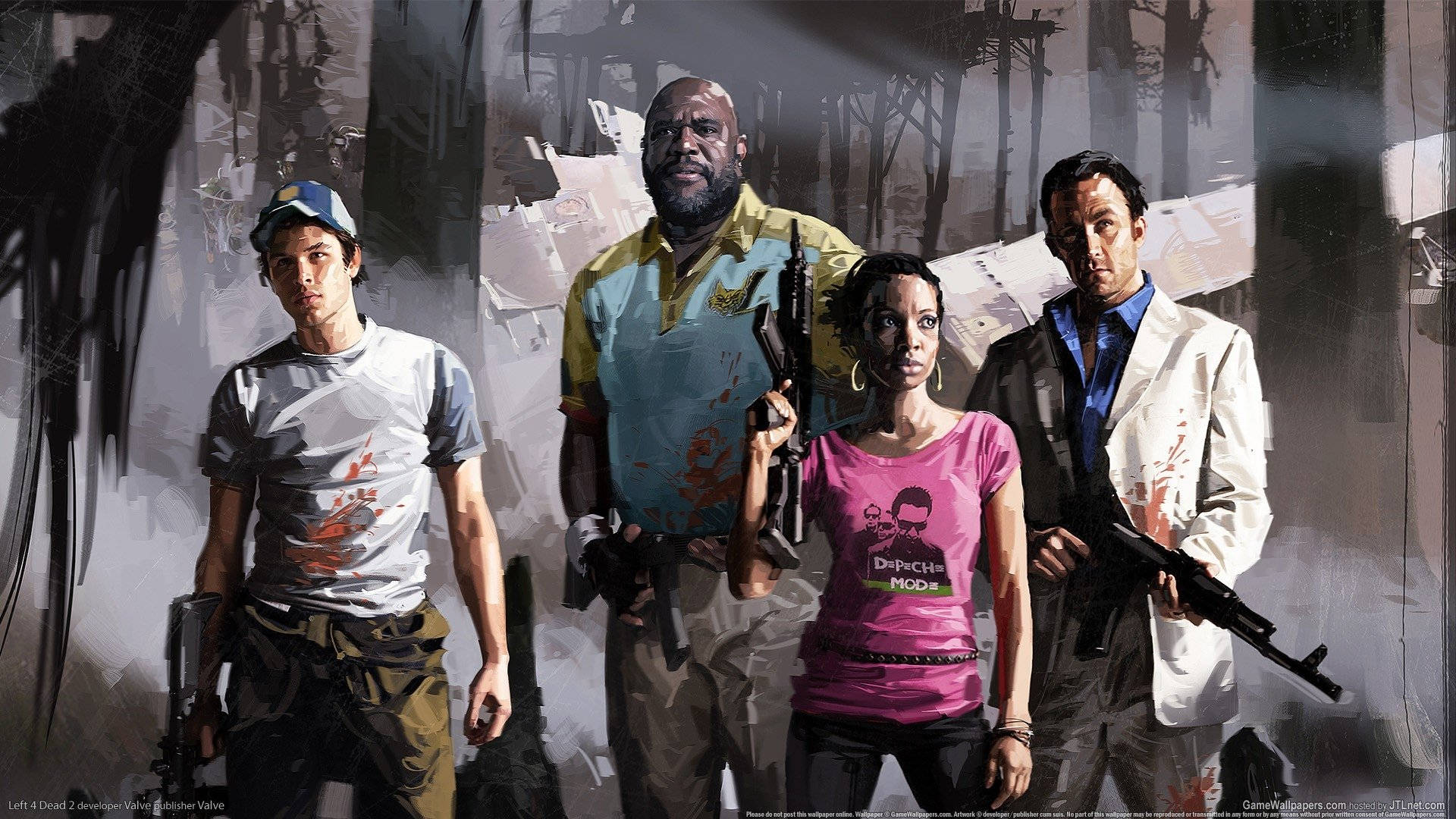 Left 4 Dead 2 沼澤熱倖存者 壁紙 — 四名武裝倖存者在煙霧瀰漫的灰色天空下，挑釁地站在廢墟城市荒地中。