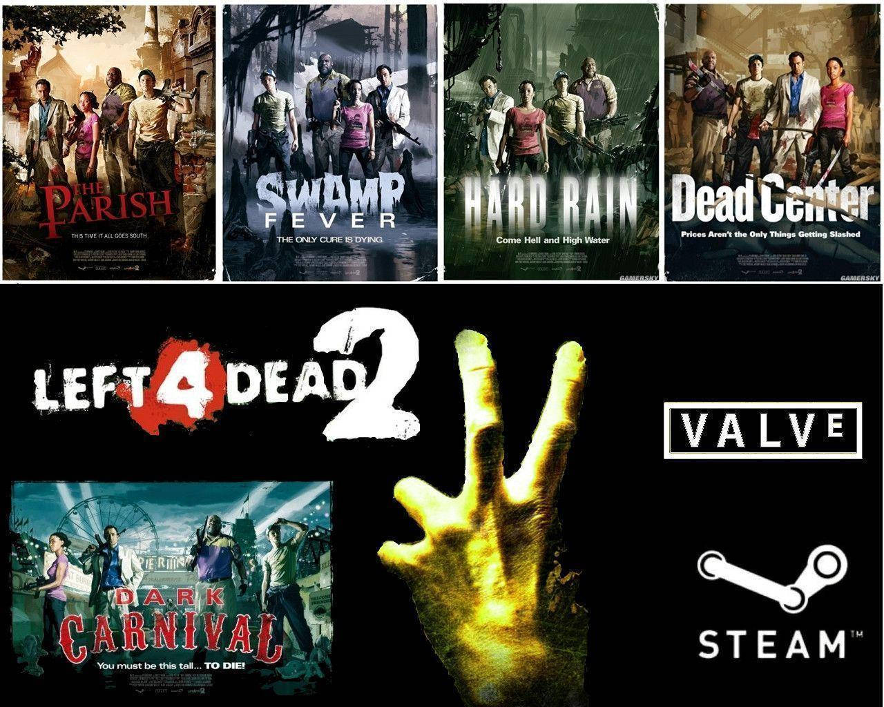 Left 4 Dead 2 遊戲海報，殭屍倖存者和發光的手在黑暗背景上。