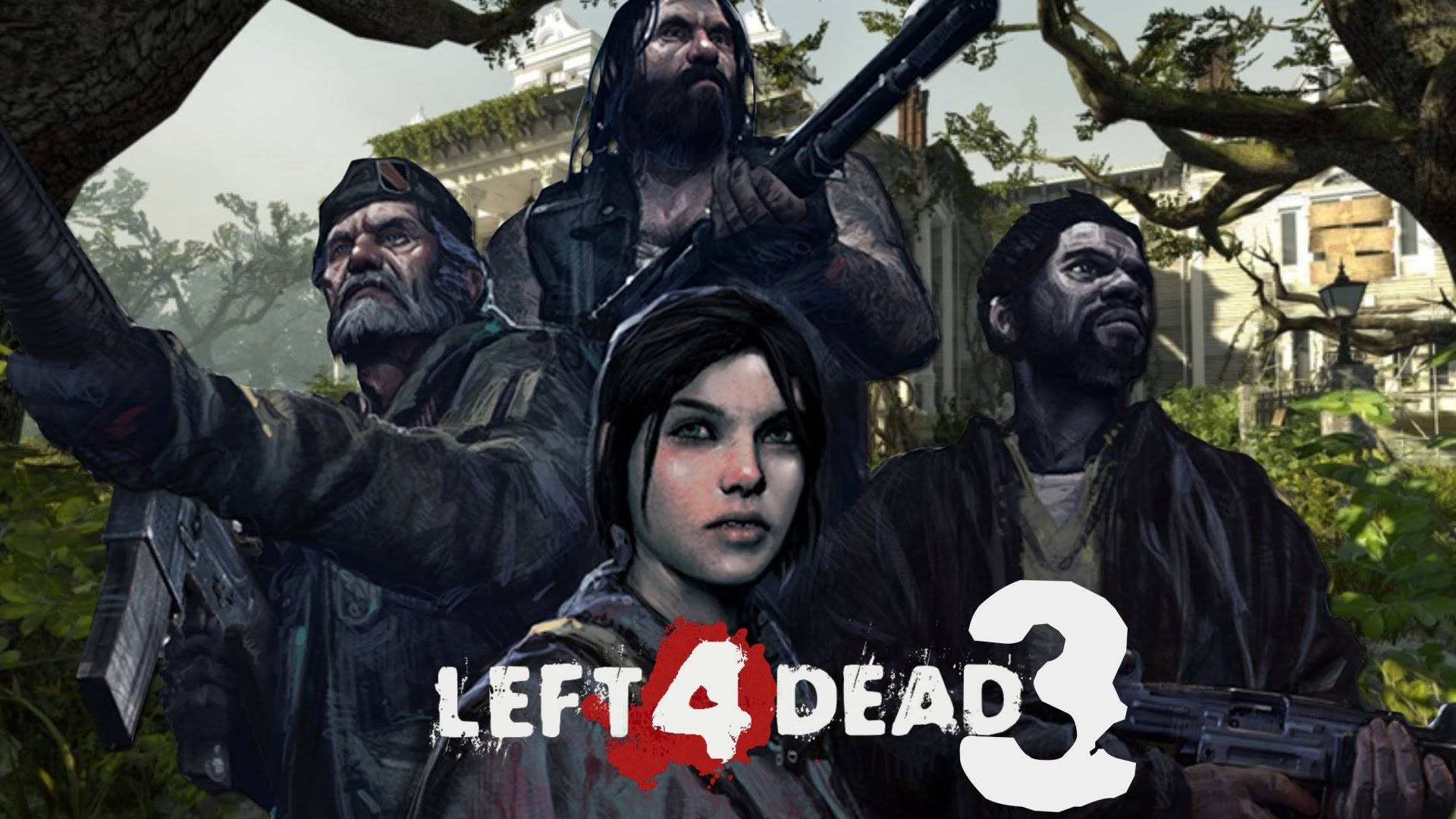 Left 4 Dead 3 角色海報 壁紙 — 來自《Left 4 Dead 3》的四名武裝倖存者緊張地站在雜草叢生的郊區庭院中，武器已拔出。