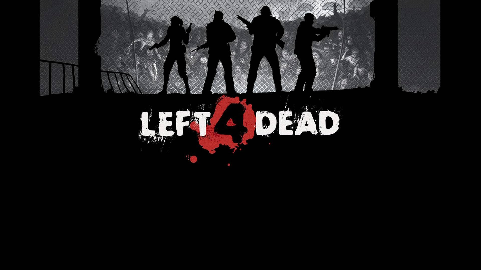 Left 4 Dead 倖存者無懼迎戰殭屍群 壁紙 — 四名武裝倖存者以剪影形式站在鐵絲網圍欄後面，面對一群喪屍，採用 gritty 黑白風格，帶有紅色血濺標誌。
