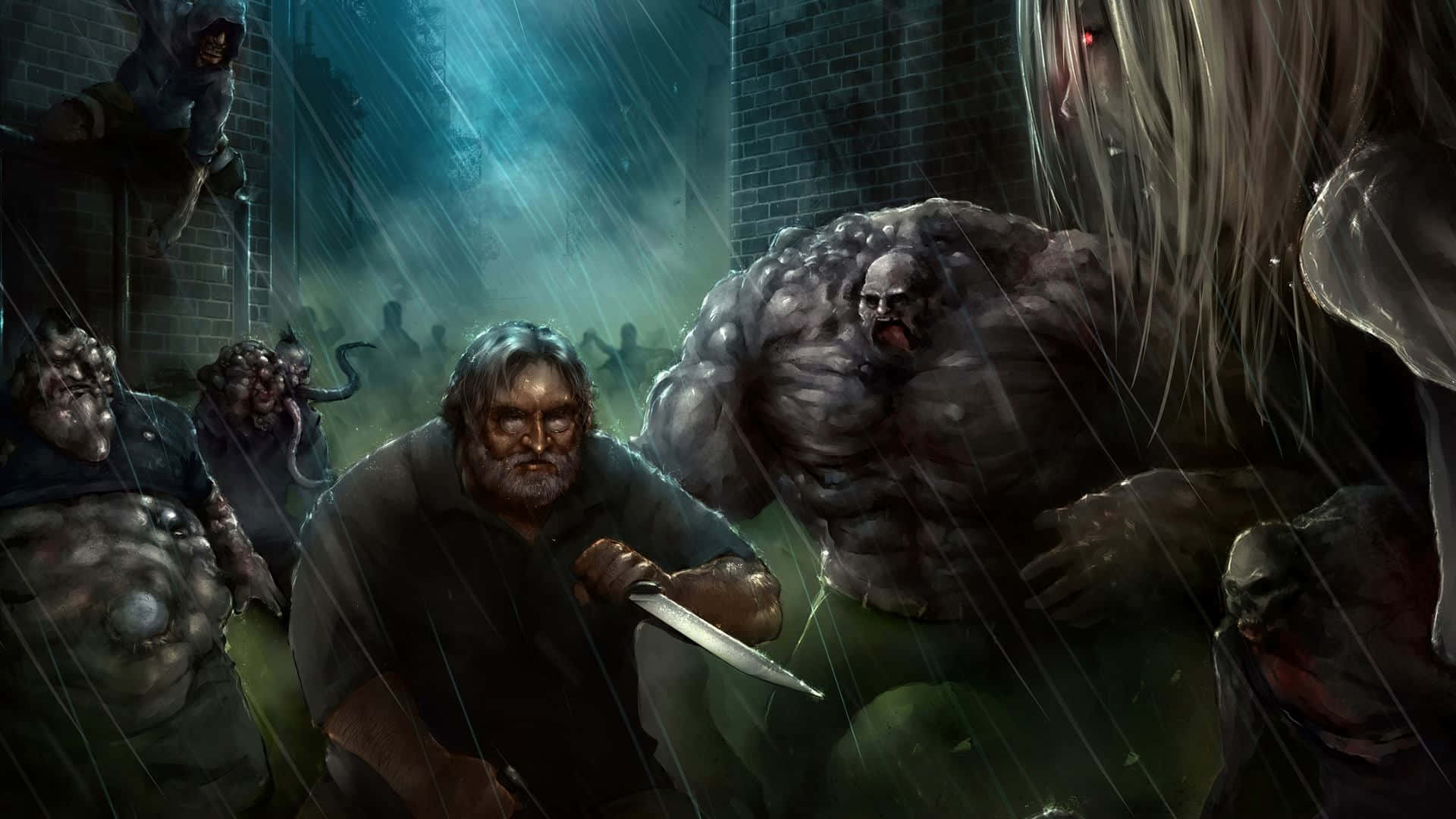 《Left 4 Dead》團隊準備迎戰 壁紙 — 一個孤獨的男人拿著刀，在濕透的巷子裡挑釁地站著，周圍是怪誕的怪物形象，天空陰暗不祥。