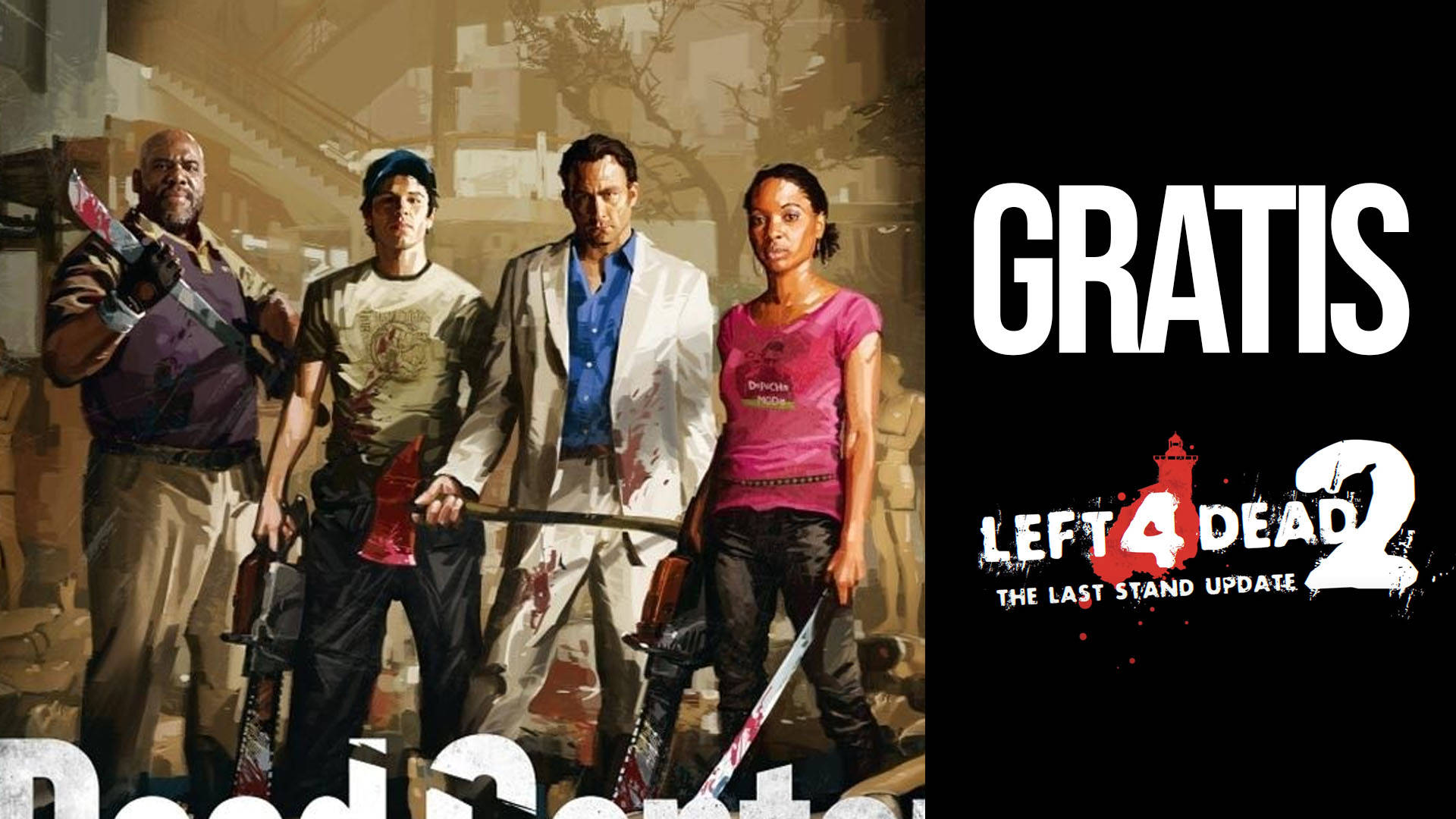 Left 4 Dead 更新 壁紙 — 四名身穿血跡斑斑裝備的倖存者，在廢墟城市中手持武器，挑釁地站立。