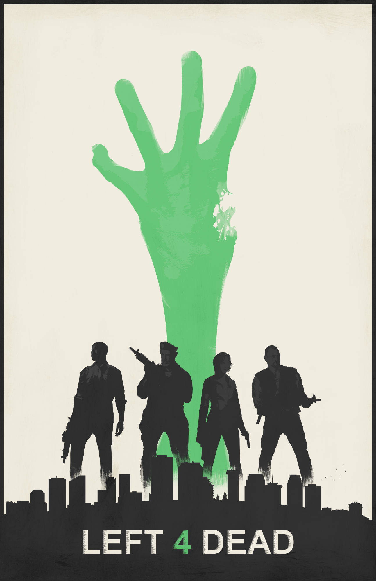 Left 4 Dead 最簡約海報 壁紙 — 四名武裝倖存者站在城市天際線前，一隻巨大的綠色殭屍手從他們身後出現。