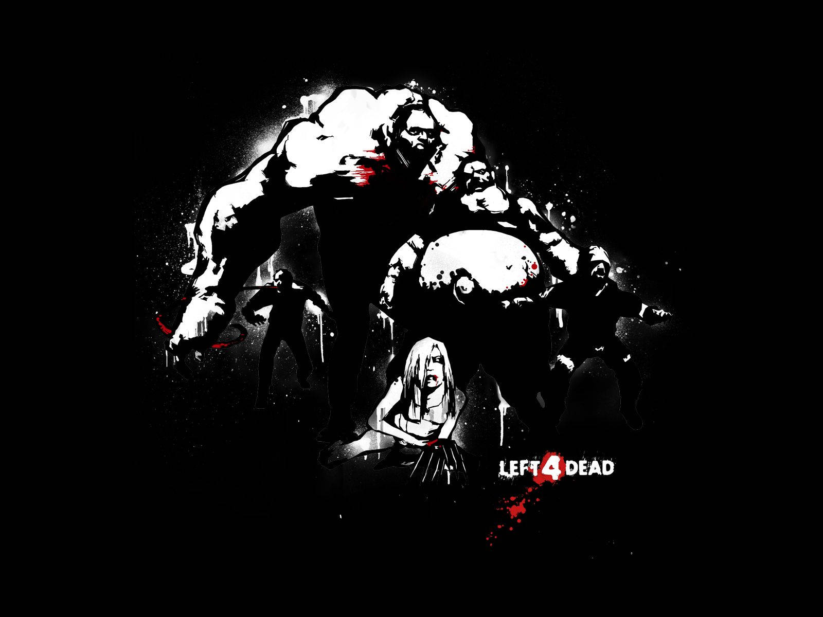 Left 4 Dead 的喪屍和倖存者，以帶有血跡的深色圖形風格呈現。