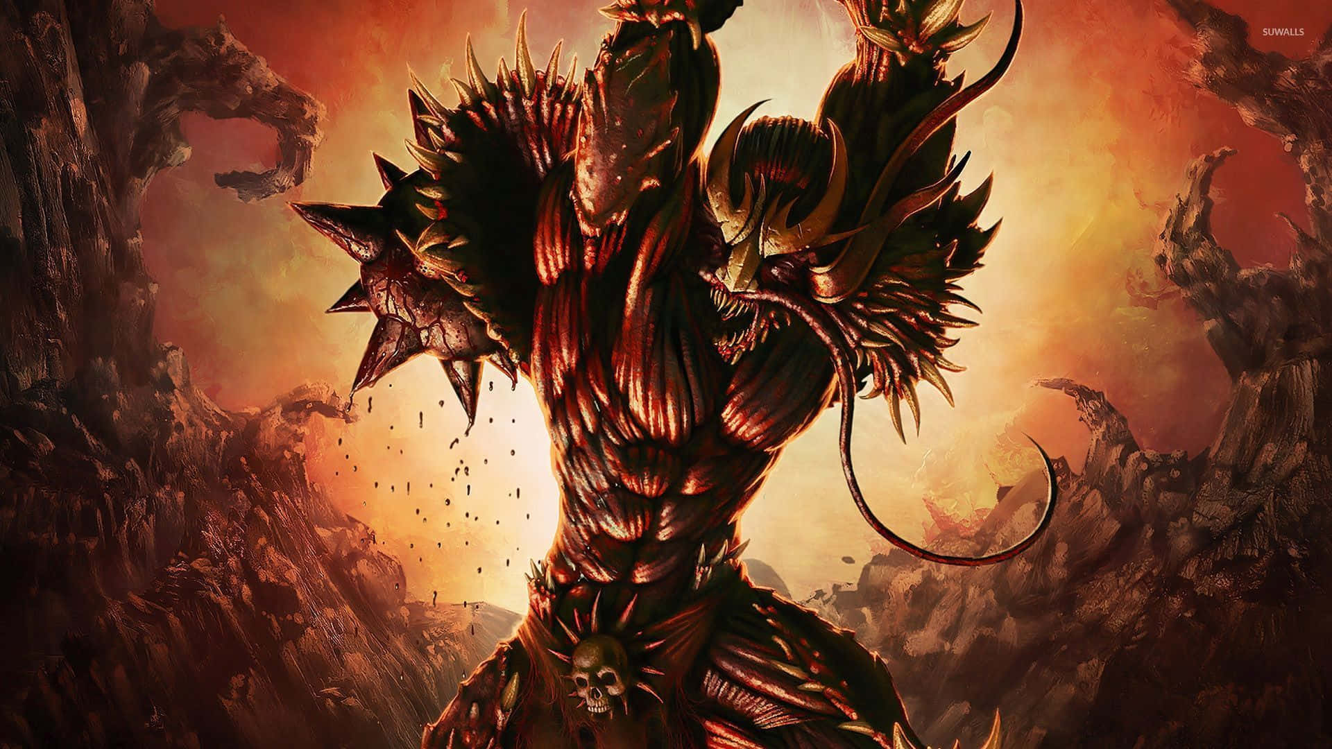 《Legend of the Five Rings》系列中的棘刺惡魔怪物圖 壁紙 — 一個高聳的惡魔形象，身穿尖刺盔甲和骷髏腰帶，挑釁地站在熾熱的橙色和紅色末日天空前。