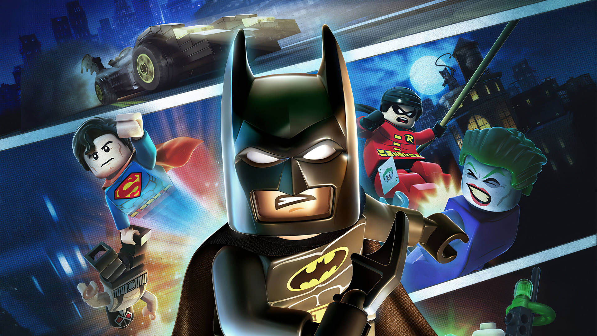 LEGO Batman 超級英雄動作場景，與 Superman Robin 和 Joker 在夜晚的城市中。