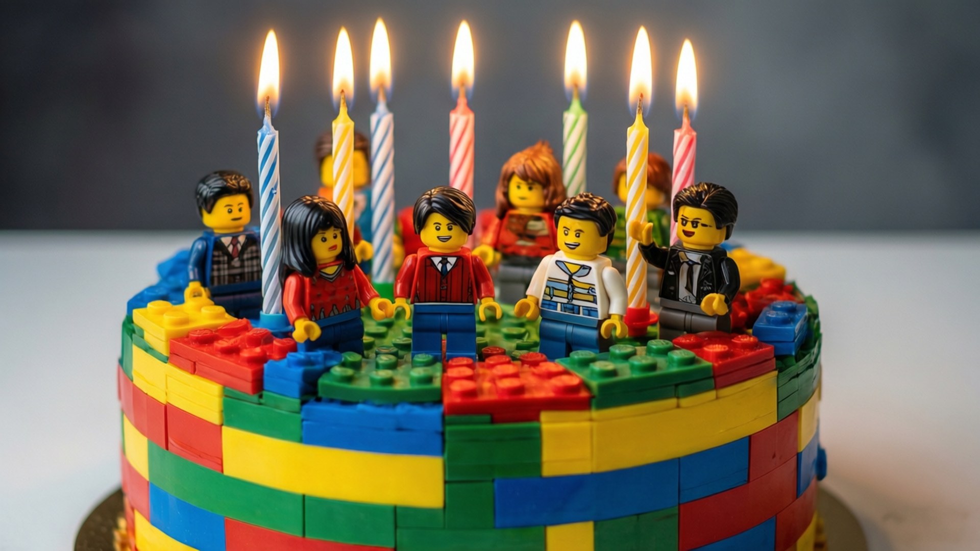 一個LEGO蛋糕，上面有點燃的蠟燭和人仔，用於生日慶祝。