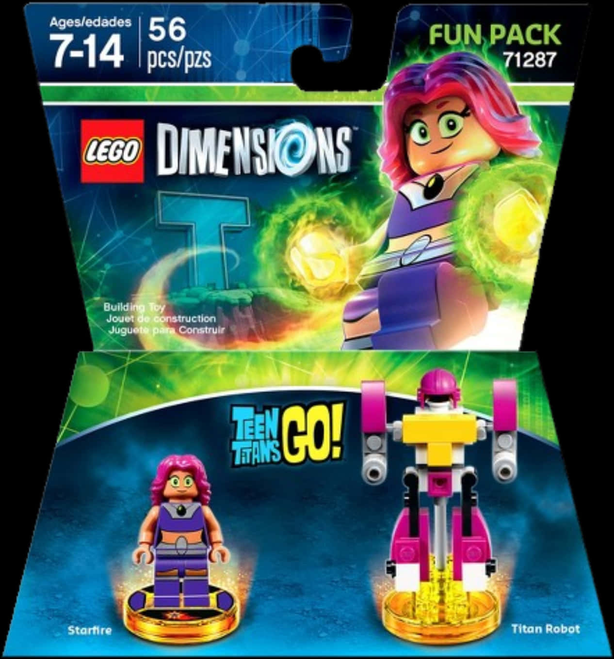 LEGO Dimensions Teen Titans Go! 星火樂高趣味套裝 壁紙 — 一個 LEGO Dimensions Teen Titans Go! Starfire 人偶，帶有發光的綠色能量手，以及她的 Titan Robot 同伴，包裝色彩鮮豔。