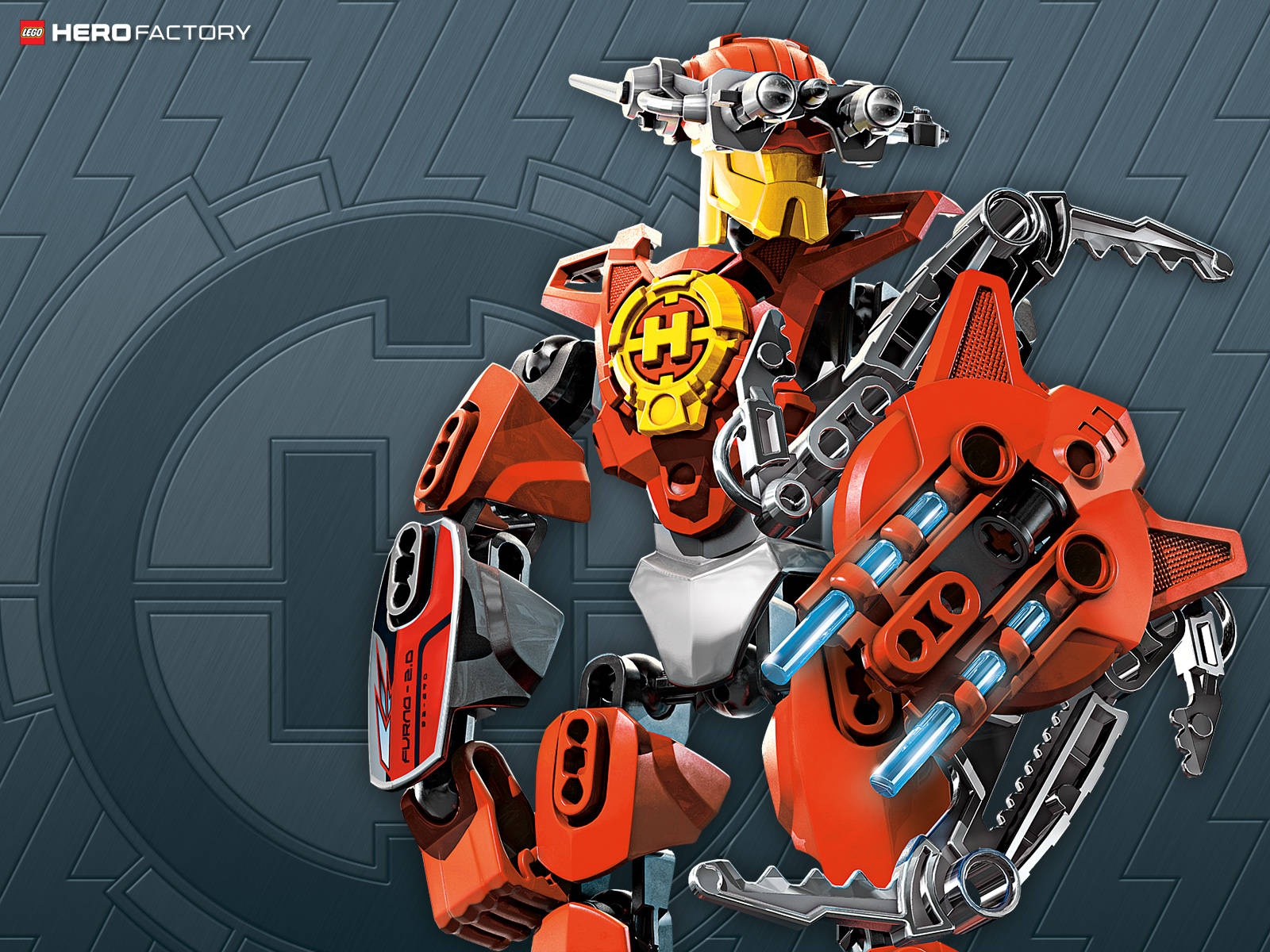 LEGO英雄工廠角色 Furno 壁紙 — 一個紅色和銀色的LEGO機械人，配備發光藍色大炮，站在深灰色機械背景前。