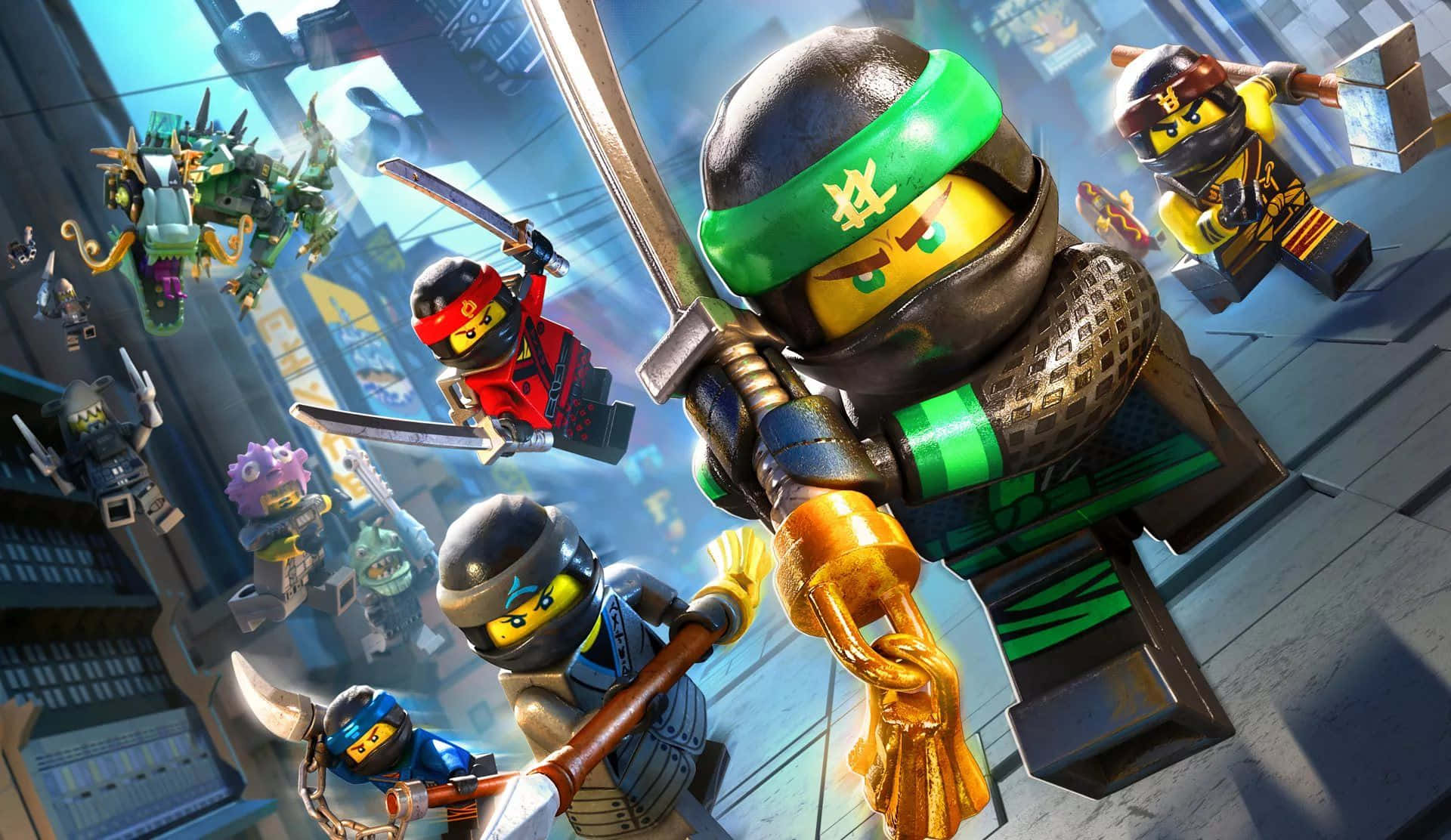 Ninjago 桌布 壁紙 — LEGO Ninjago 忍者們在充滿活力的城市屋頂場景中戰鬥，色彩鮮豔，姿勢充滿動感。