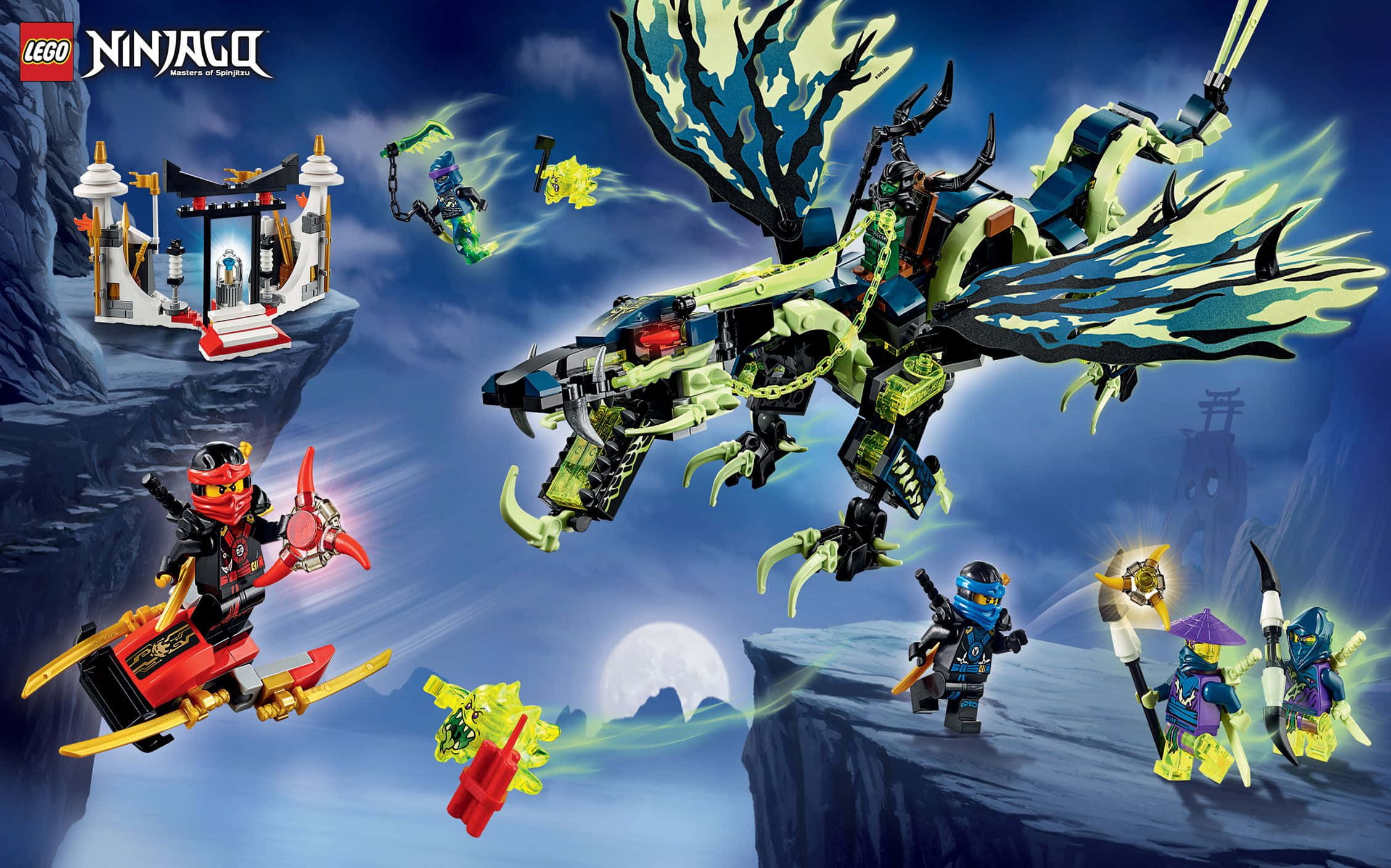 Ninjago 桌布 壁紙 — LEGO Ninjago 忍者喺月光照耀嘅懸崖背景下同巨型綠色龍戰鬥。