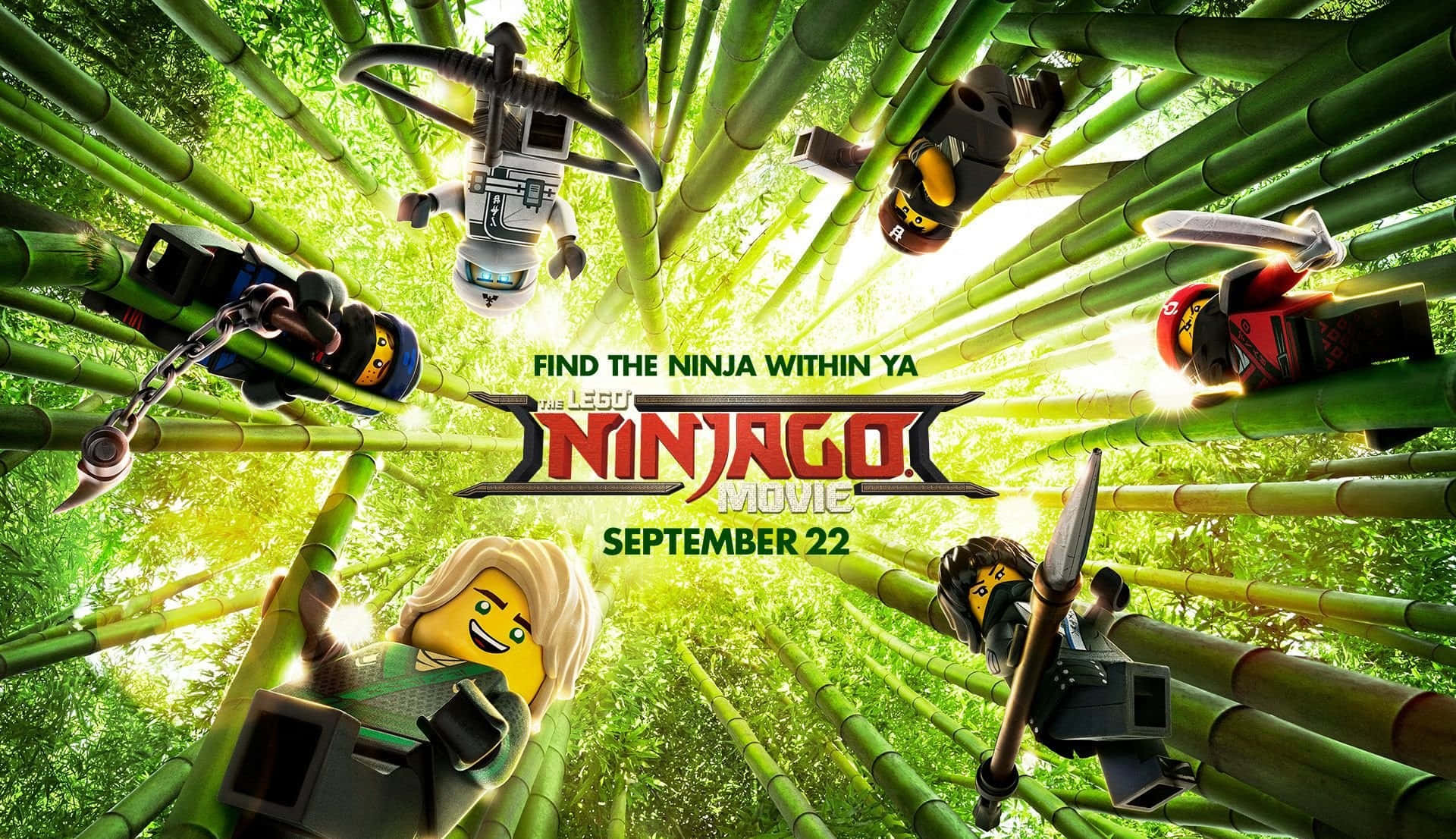 Ninjago 桌布 壁紙 — LEGO Ninjago 角色以動感動作姿態在充滿活力的竹林樹冠中盪來盪去。