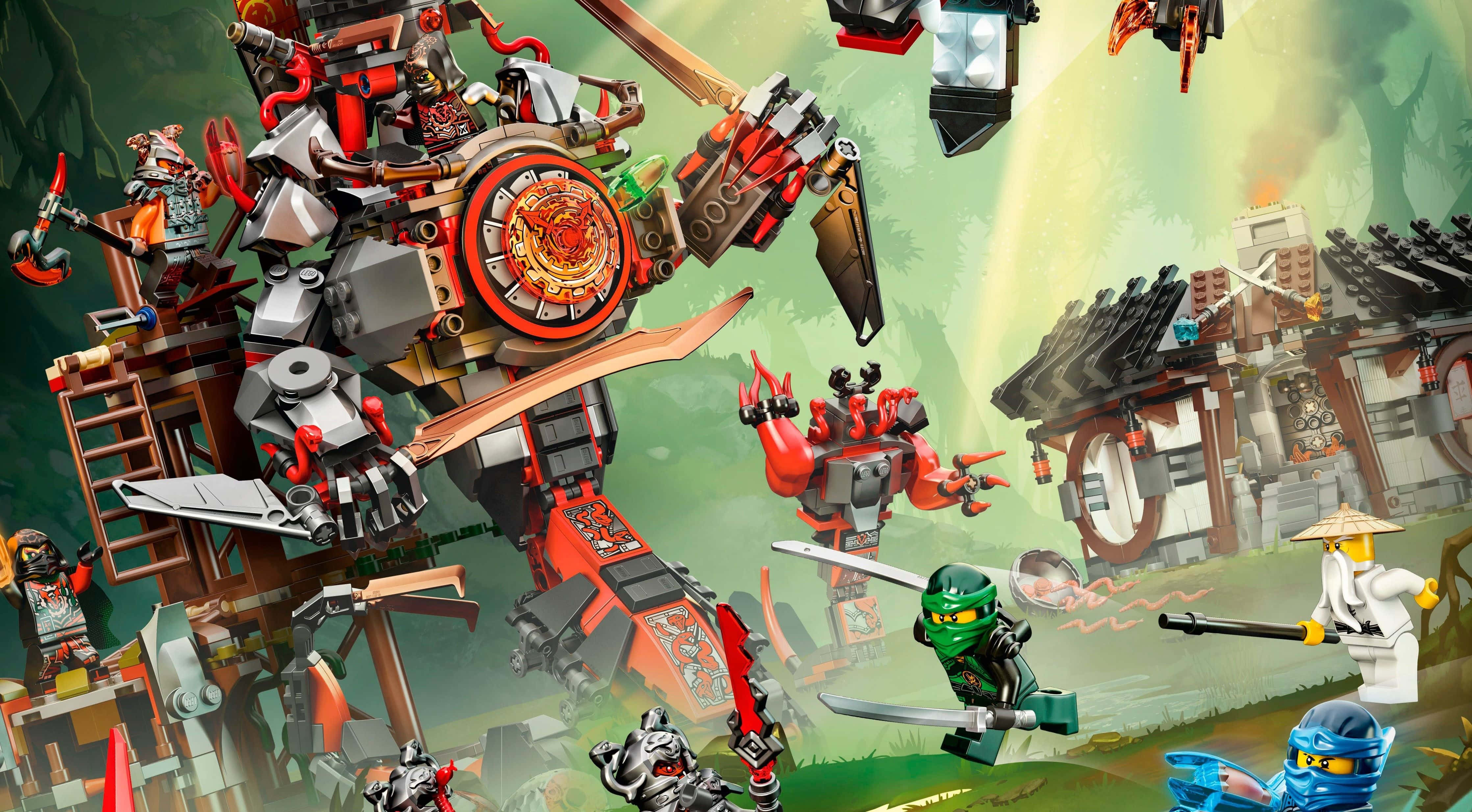 Ninjago 桌布 壁紙 — LEGO Ninjago 角色在充滿活力的叢林寺廟場景中與巨型機械怪物戰鬥。