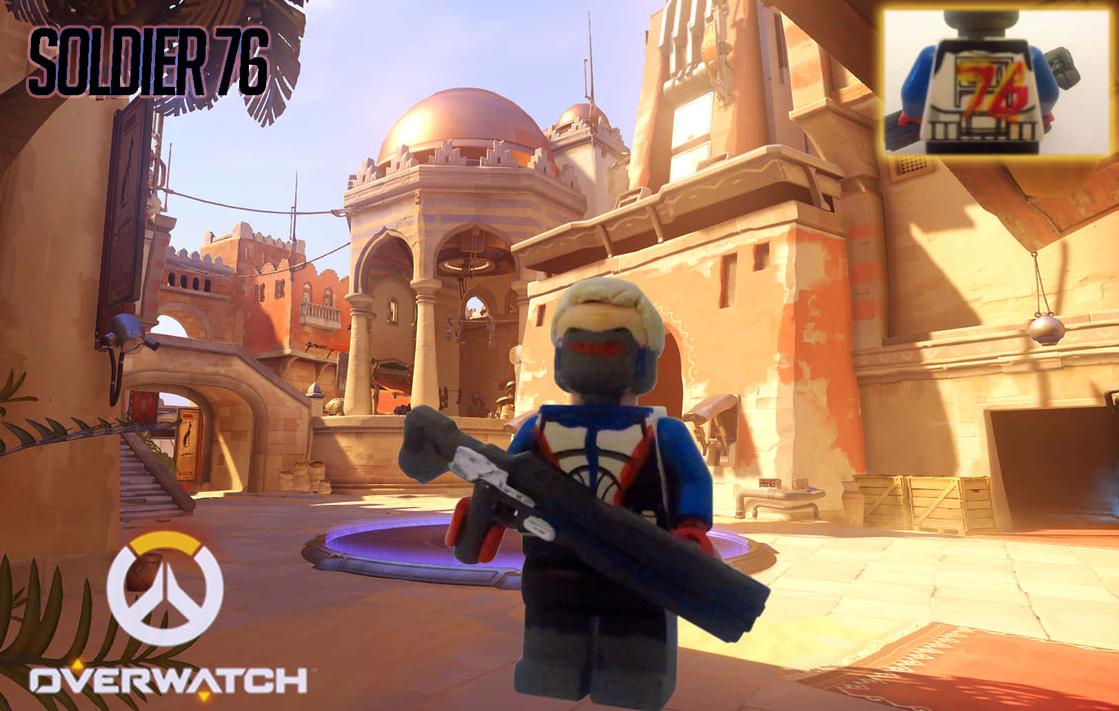 Soldier 76 桌布 壁紙 — LEGO Overwatch 士兵76 站在陽光普照的中東堡壘中，擁有圓頂建築和棕櫚葉。