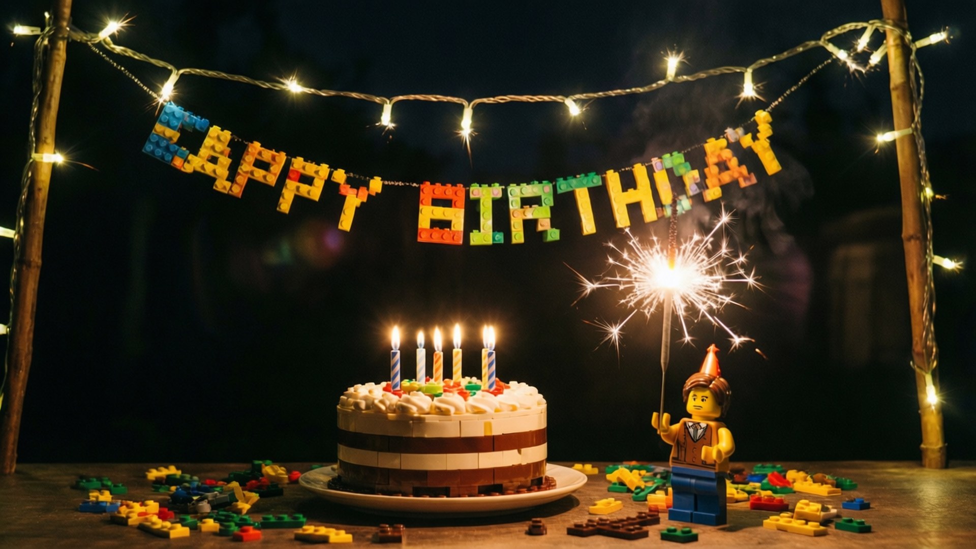 LEGO人偶手持煙花棒，旁邊有生日蛋糕、蠟燭和LEGO橫幅。
