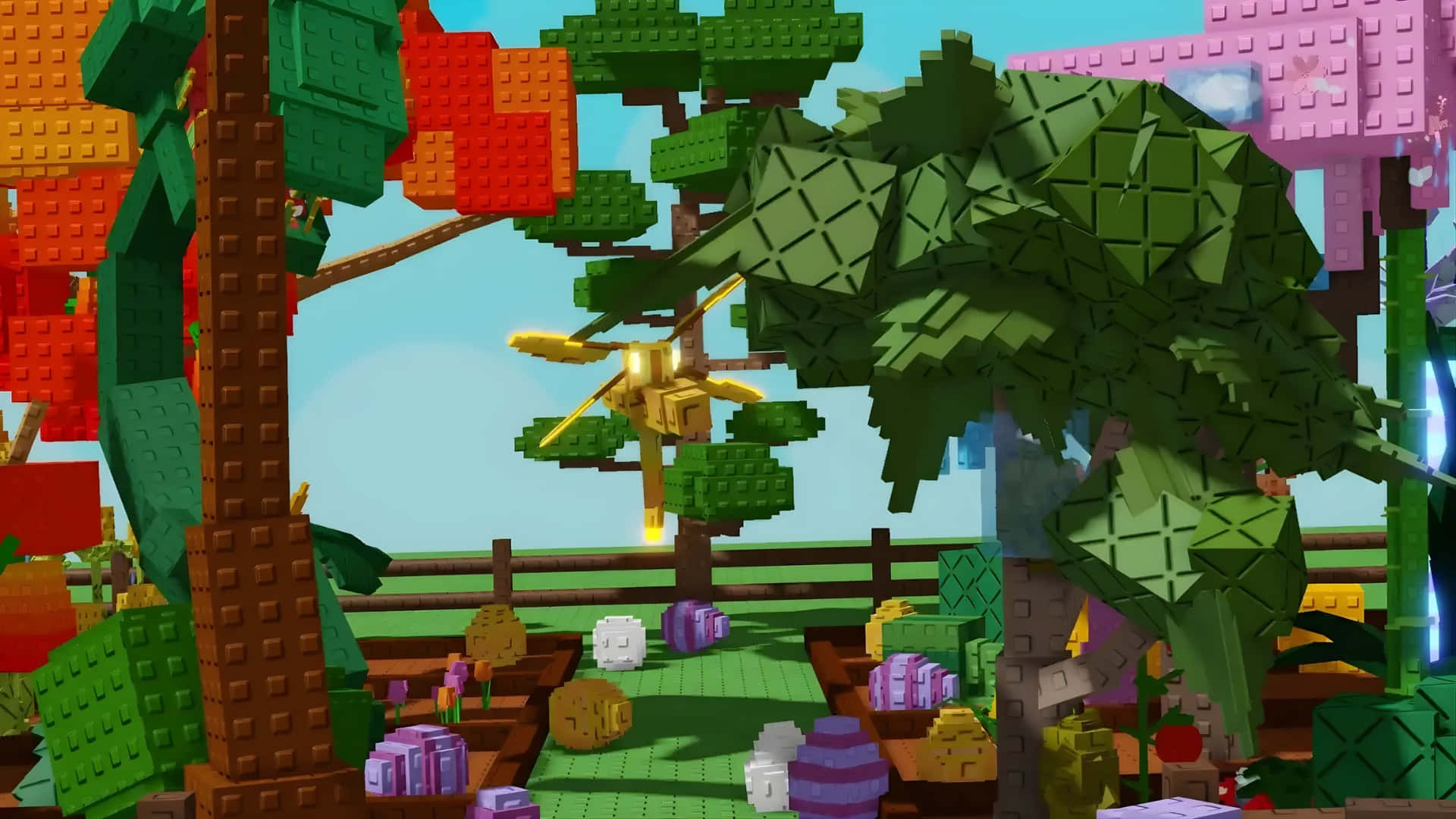  壁紙 — 一個充滿活力的LEGO風格森林場景，有塊狀樹木、色彩繽紛的樹葉，以及一架黃色直升機在晴朗藍天下飛行。