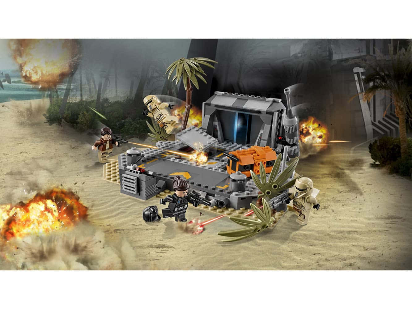 The Battle Of Scarif 桌布 壁紙 — LEGO Star Wars 戰鬥場景，暴風兵和反抗軍在沙灘上棕櫚樹間爆炸中發射爆能槍。