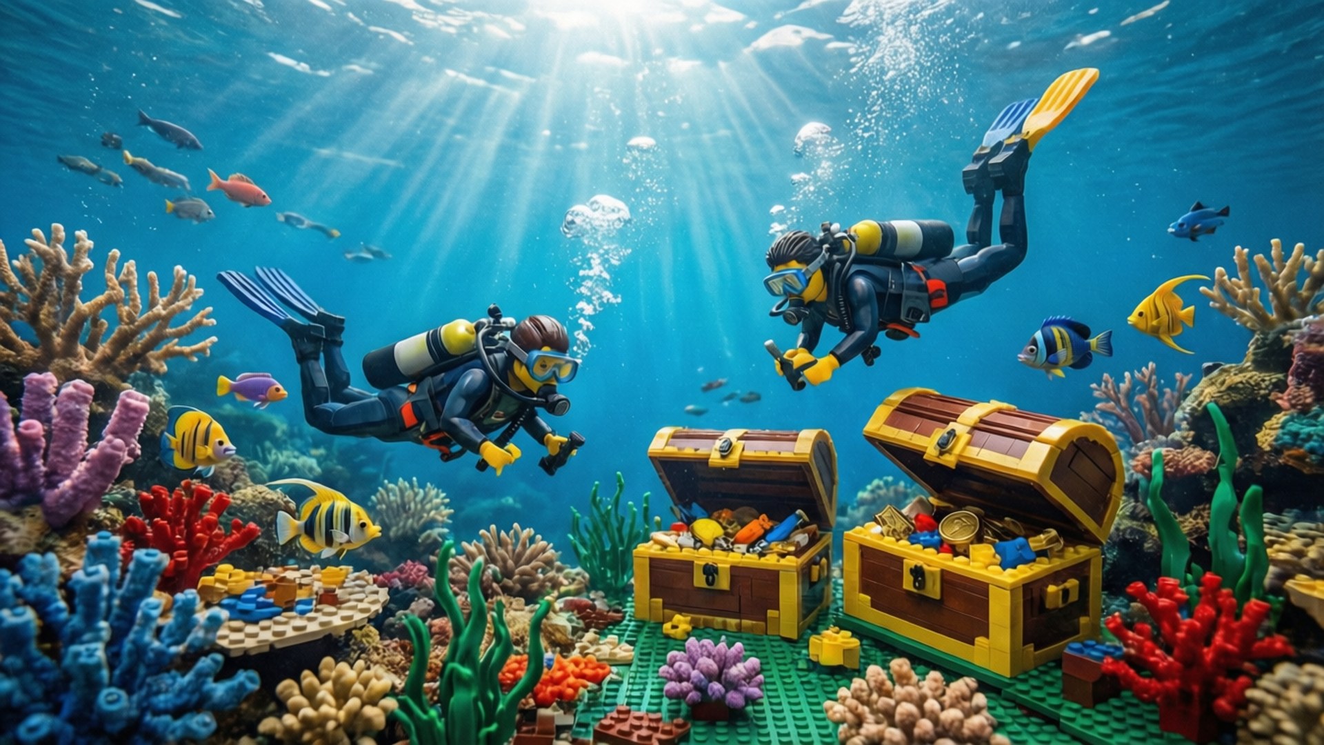兩名水肺潛水員在色彩繽紛的珊瑚和魚類中找到LEGO寶箱。