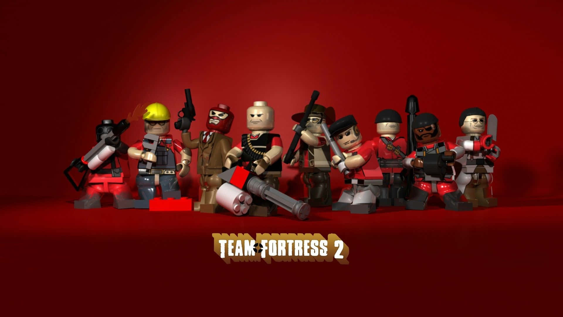 Cool Gaming 桌布 壁紙 — Team Fortress 2 角色的 LEGO 版本排成一列，背景為深紅色，下方有遊戲標題。