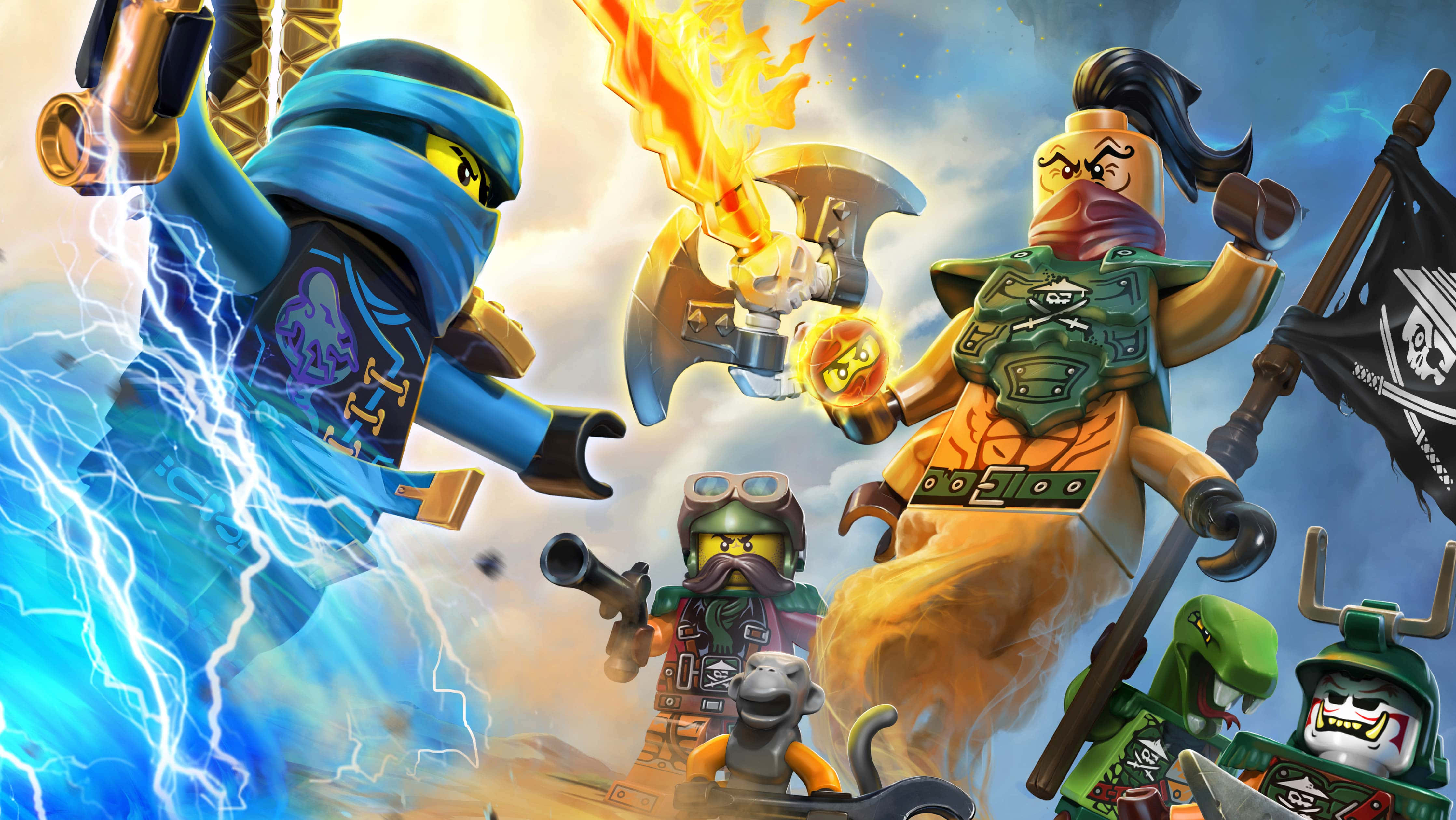 Ninjago 桌布 壁紙 — LEGO 旋風忍者角色以閃電和火焰與海盜主題敵人在戲劇性的天空場景中戰鬥。