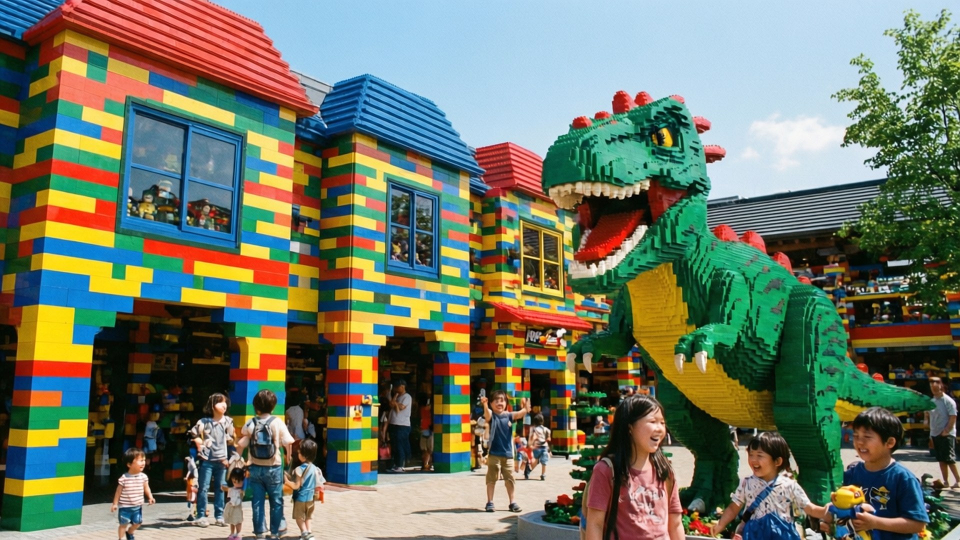 孩子們和家庭在探索一個色彩繽紛的LEGO主題景點，旁邊有一隻巨大的LEGO恐龍。