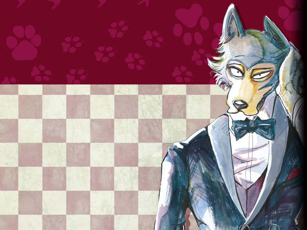 Legoshi 與 Haru 在《Beastars》中交相輝映 壁紙 — 一隻穿著燕尾服的時尚擬人狼站在棋盤格地板和爪印牆紙前。