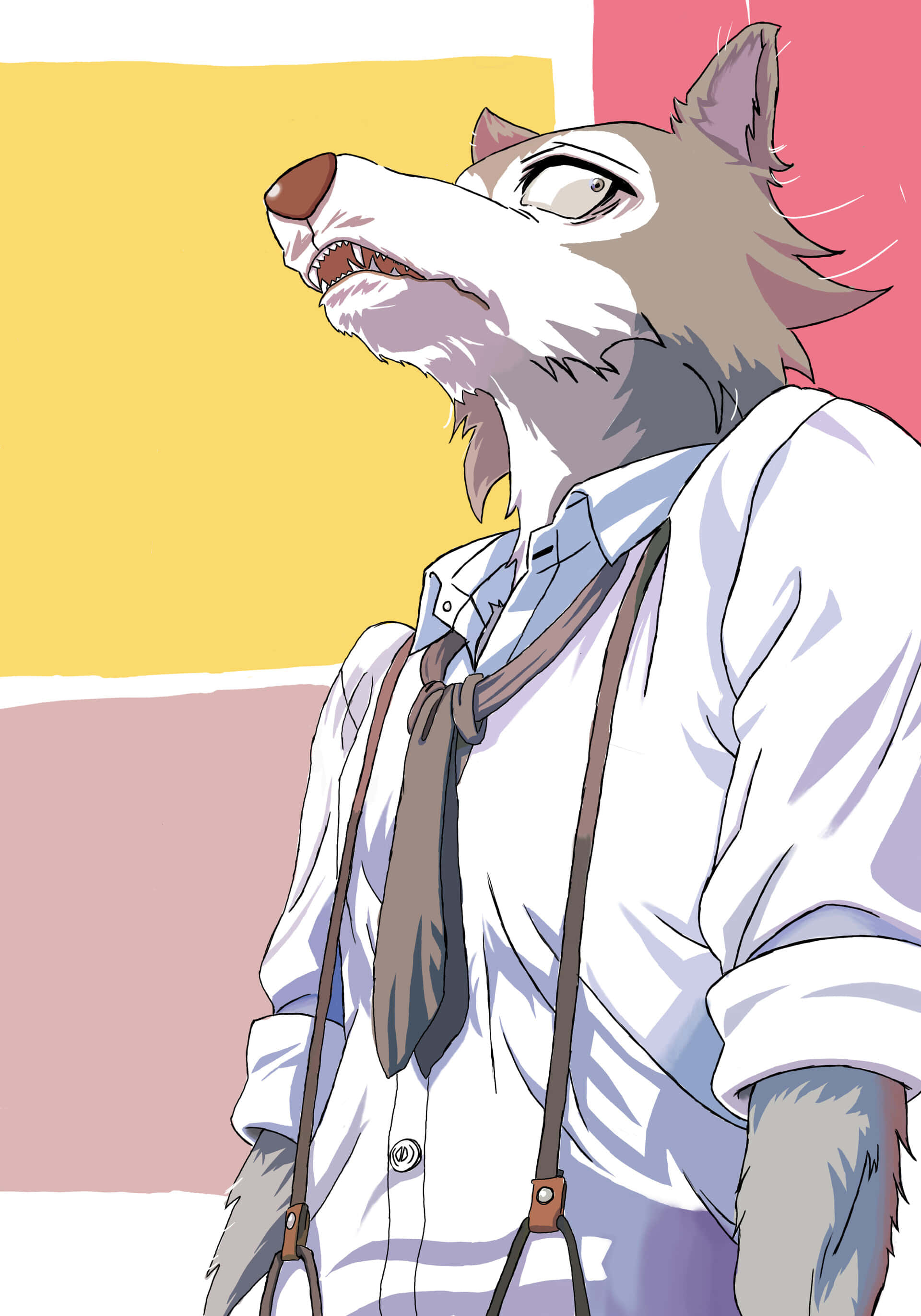 Legosi，這隻狼 壁紙 — 一個像狼的動漫角色，穿著白襯衫和吊帶褲，在充滿活力的黃色、粉紅色和紫紅色背景下向上凝視。