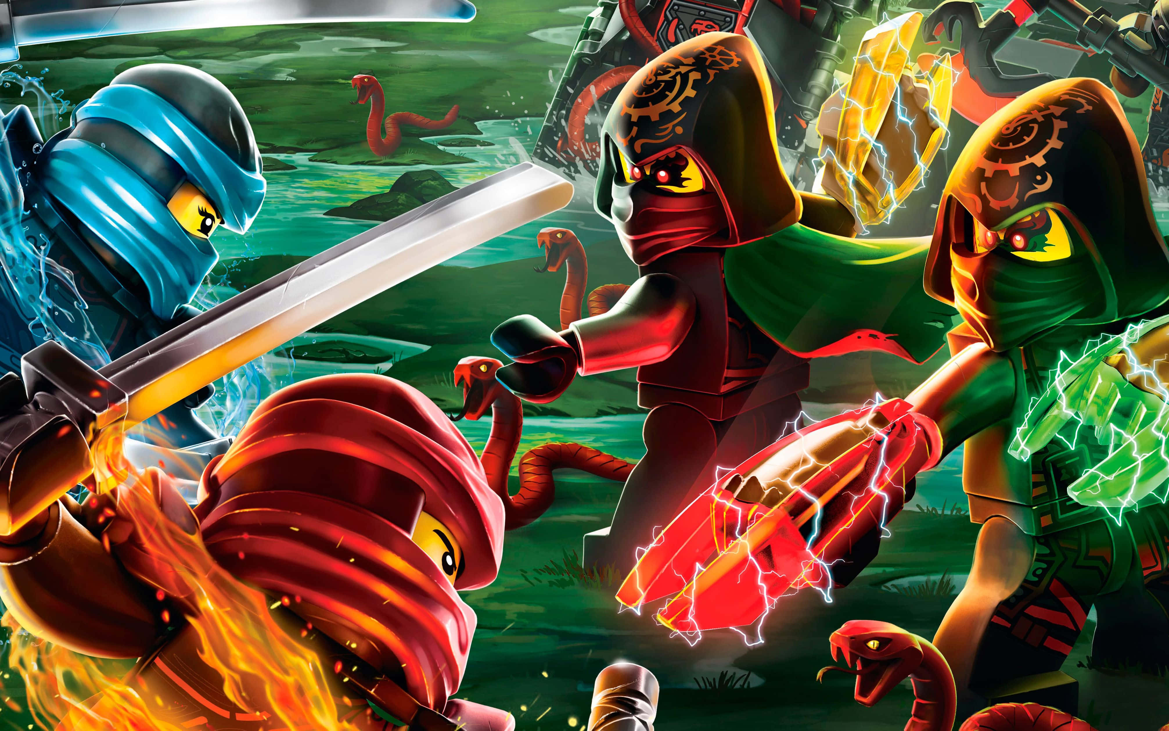 Ninjago 桌布 壁紙 — LEGO忍者喺發光蛇群中，用元素力量喺充滿活力嘅叢林場景中戰鬥。