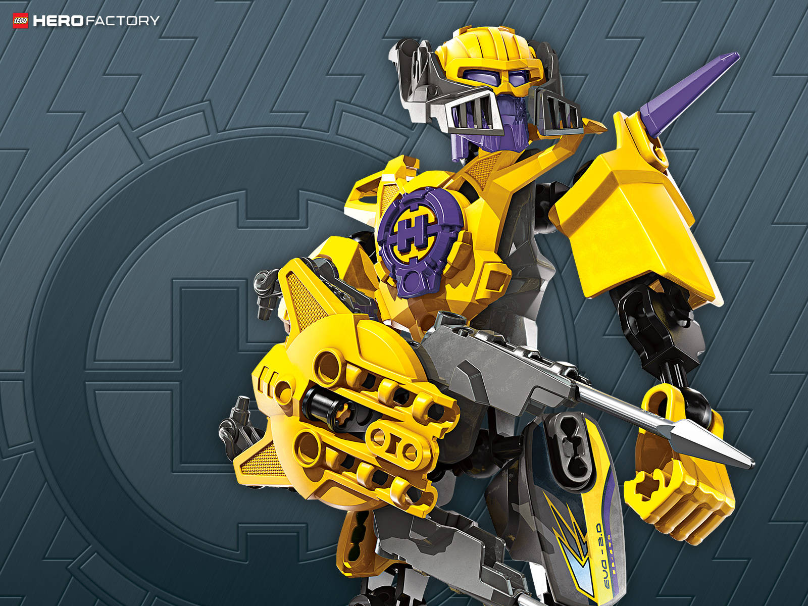 LEGO英雄工廠的納森·伊沃 壁紙 — 一個黃色和紫色的LEGO Hero Factory機械人以動態姿勢站在深灰色機械背景前。