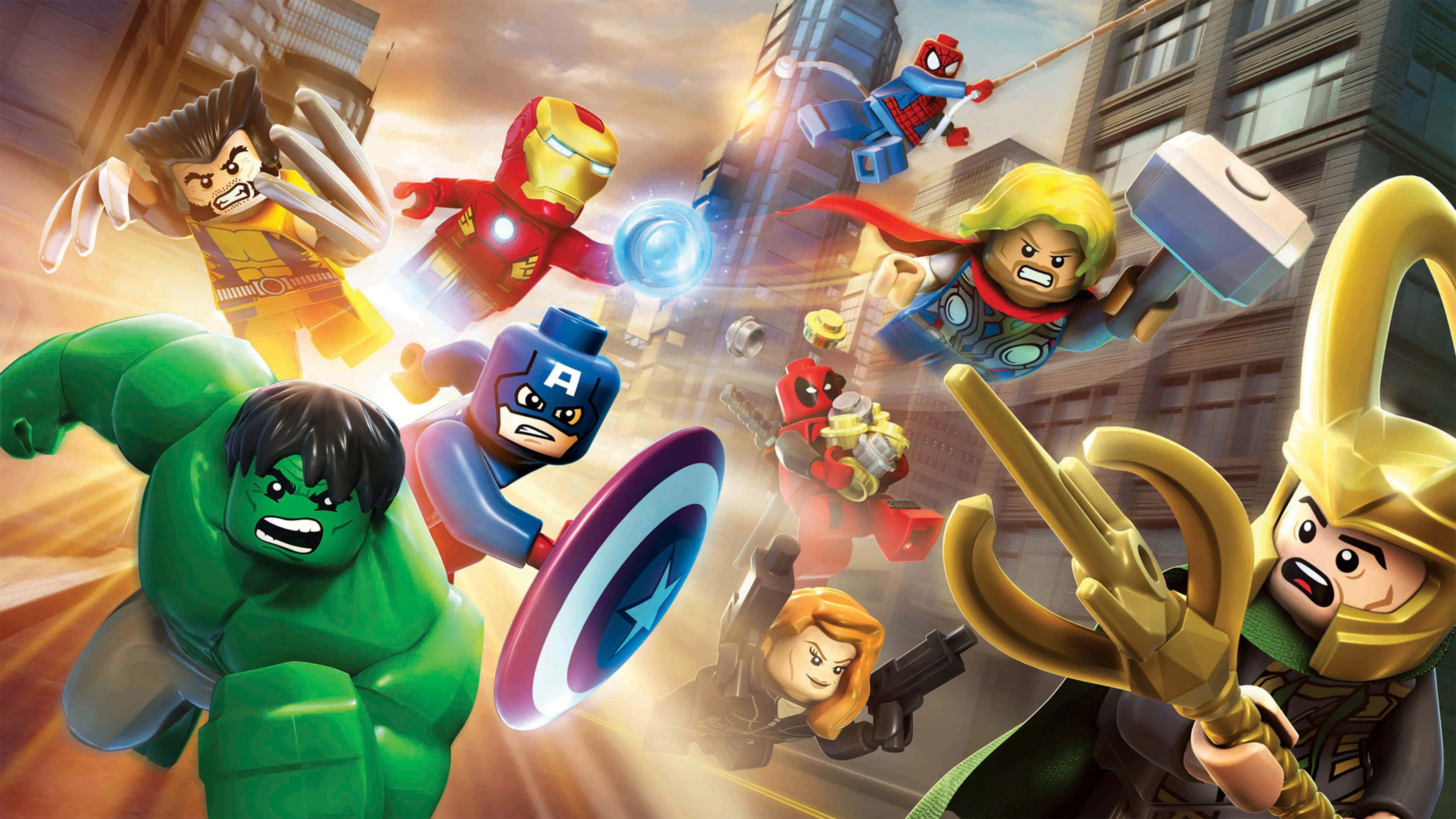 Earth's Mightiest Heroes 桌布 壁紙 — LEGO超級英雄在充滿活力的城市戰鬥中碰撞，色彩鮮豔，能量爆炸。