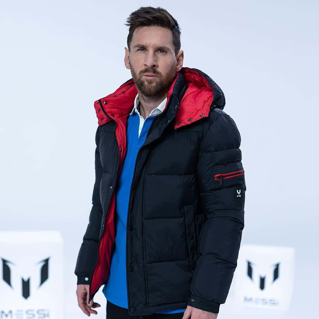 Messi 2022 桌布 壁紙 — 利昂內爾·美斯自信地站在簡約的白色背景前，身穿黑色羽絨外套，內襯紅色，搭配藍色襯衫。