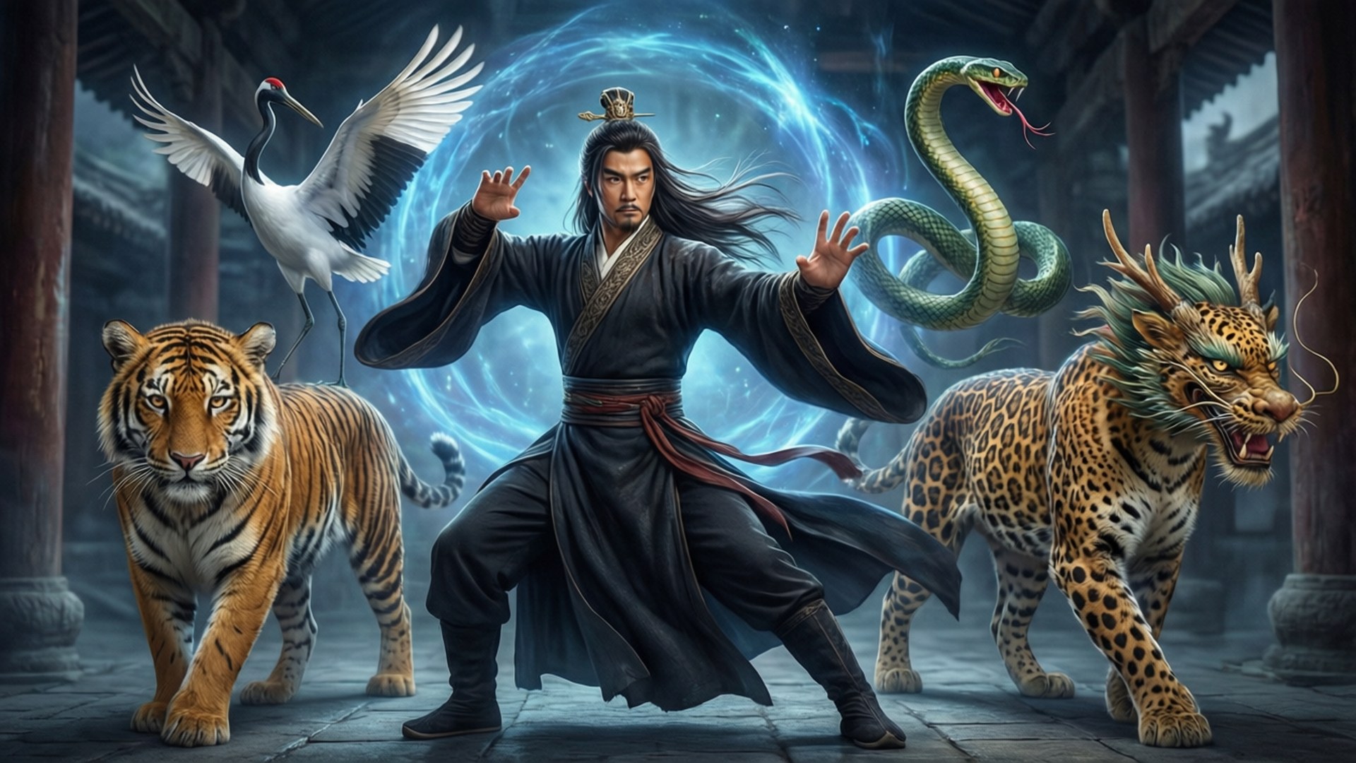 一位武術家在寺廟庭院中被四隻神話野獸環繞，引導藍色能量。