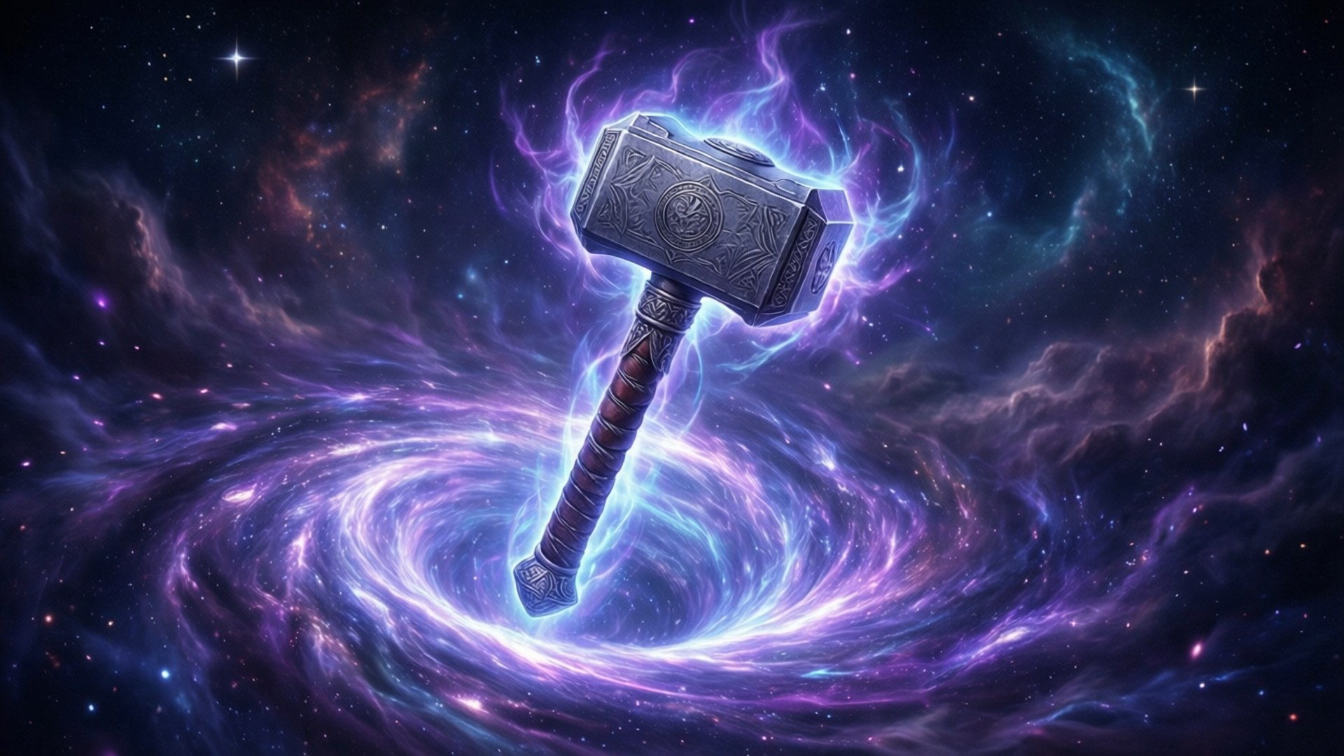Mjolnir 桌布 壁紙 — 雷神之鎚妙爾尼爾在充滿星星的旋轉宇宙星雲中心發出電能光芒。