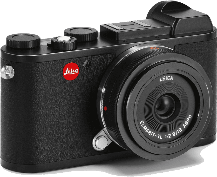 Leica相機側面視圖 壁紙 — 在工作室燈光下，一款時尚的黑色 Leica TL 相機，帶有紅色標誌和銀色點綴。