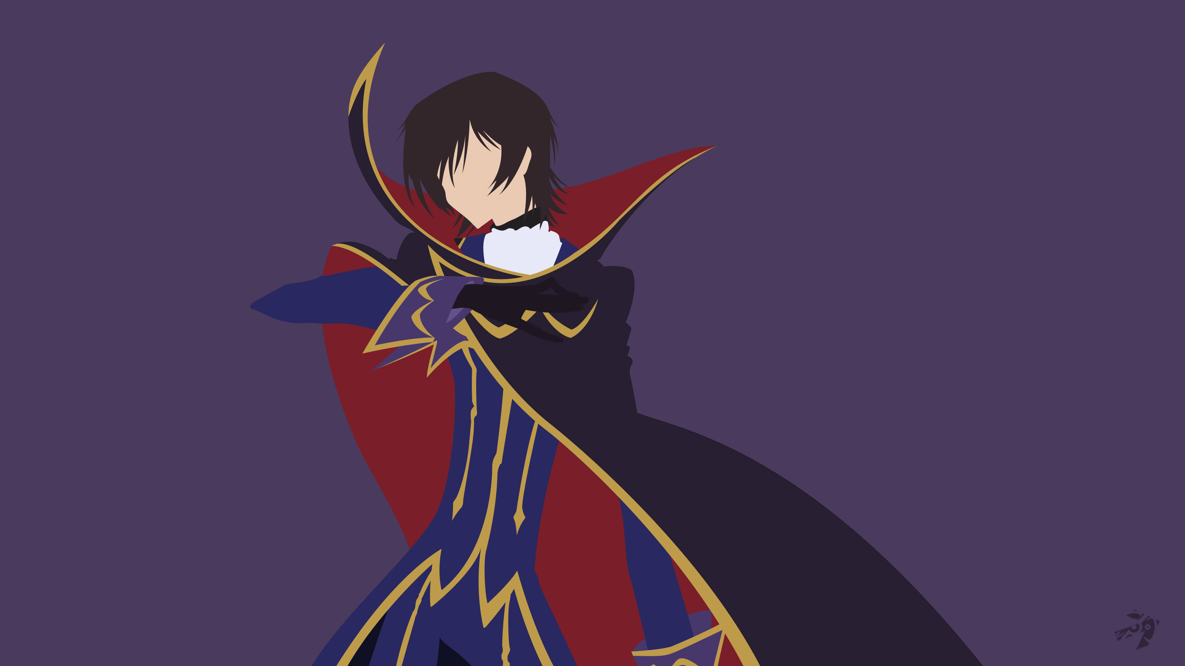 Lelouch Lamperouge 動漫同人 壁紙 — 一個風格化的動漫角色，身穿深藍色和紅色、帶金色邊飾的斗篷，站在純紫色背景前。